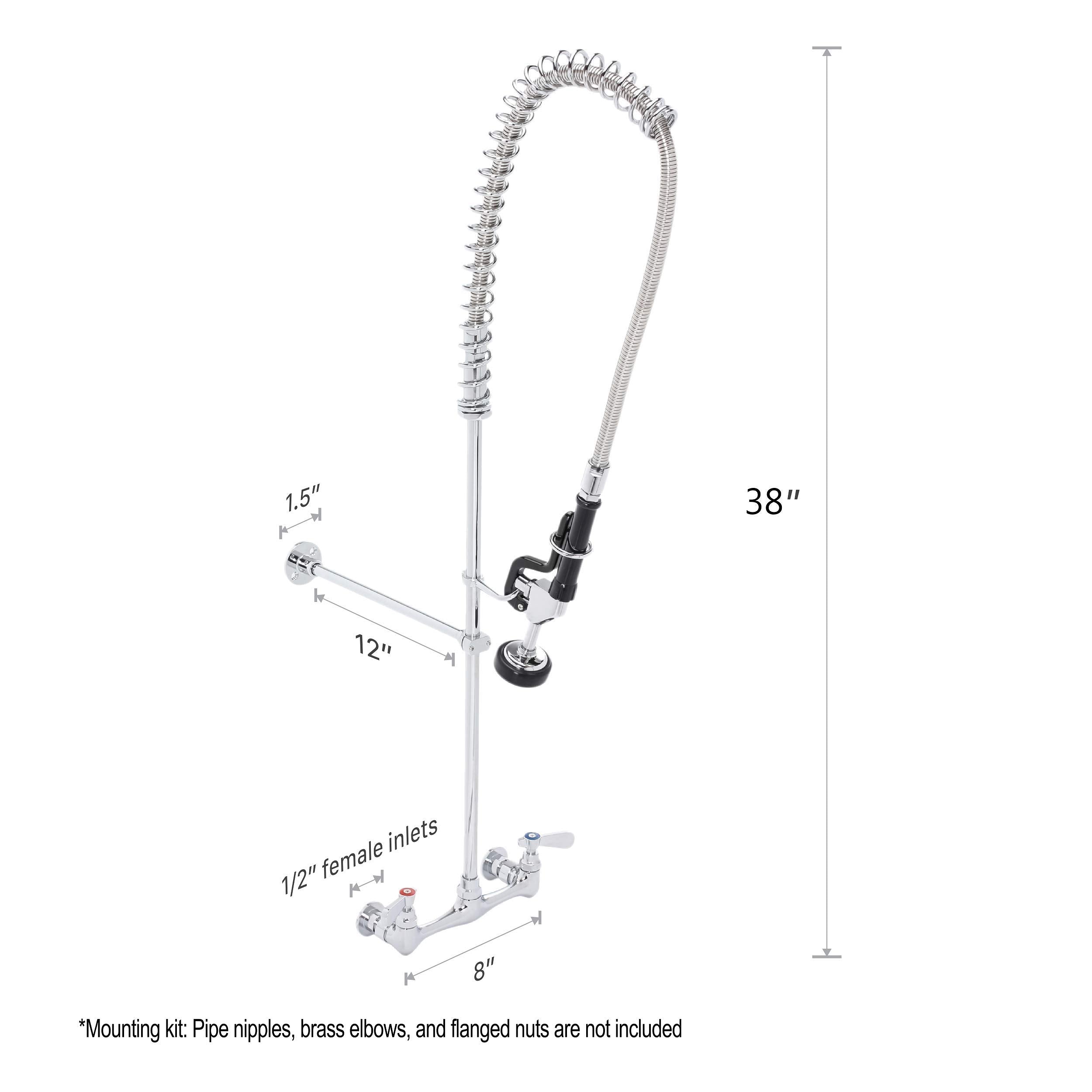 Durasteel Commercial Kitchen Wall Mount Pre-Rinse Faucet, 38" Height 8" Center With Coiled Spring Pull Down Sprayer, Brass Constructed Polished Chrome Body, 1 Set