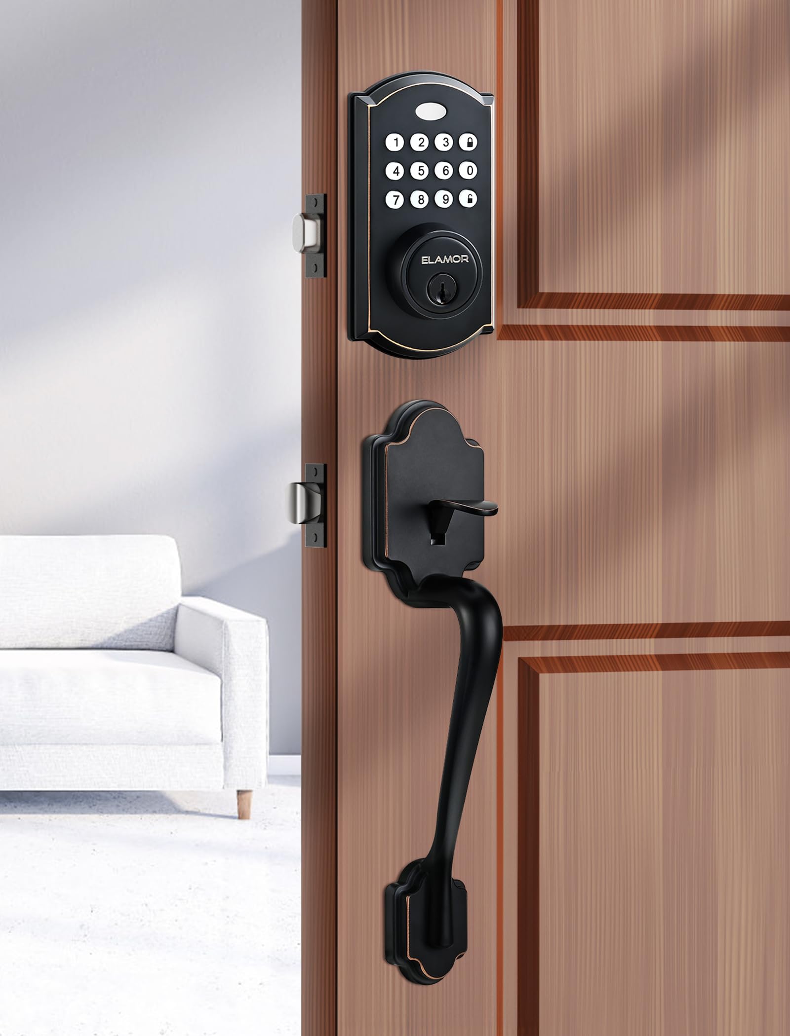 Elamor M19 Front Door Lock Set, Keyless Entry Deadbolt With Handle, Auto Lock, 50 User Codes, 2 Keys, Electronic Keypad, Waterproof Security Handle Set, Easy-To-Install, Oil Rubbed Bronze