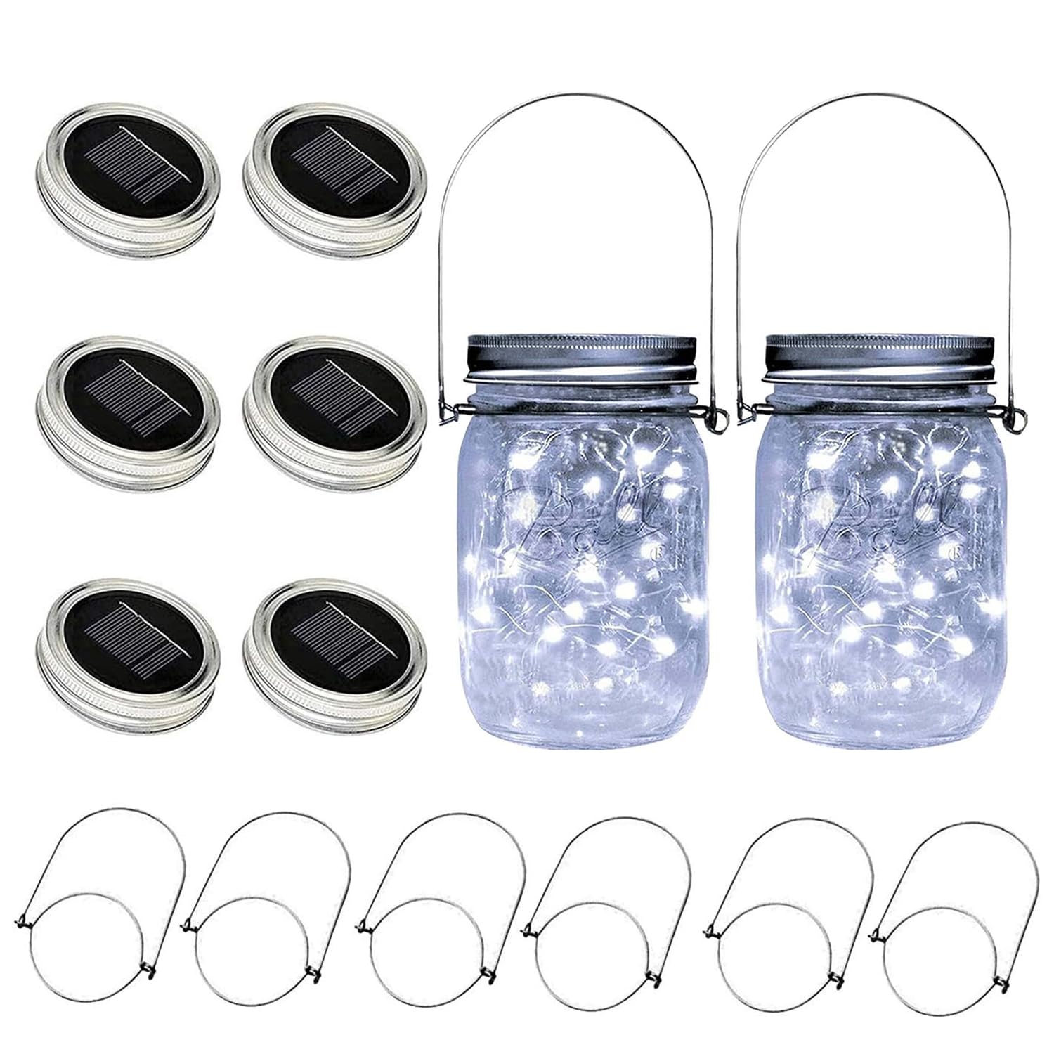 Vookry 6 Pack Solar Mason Jar Lights, 30 Led Mason Jar Lids Waterproof Firefly Fairy String Lights With 6 Hangers(No Jars), For Outdoor Patio Garden Yard Lawn Party Wedding Decoration - Cool White