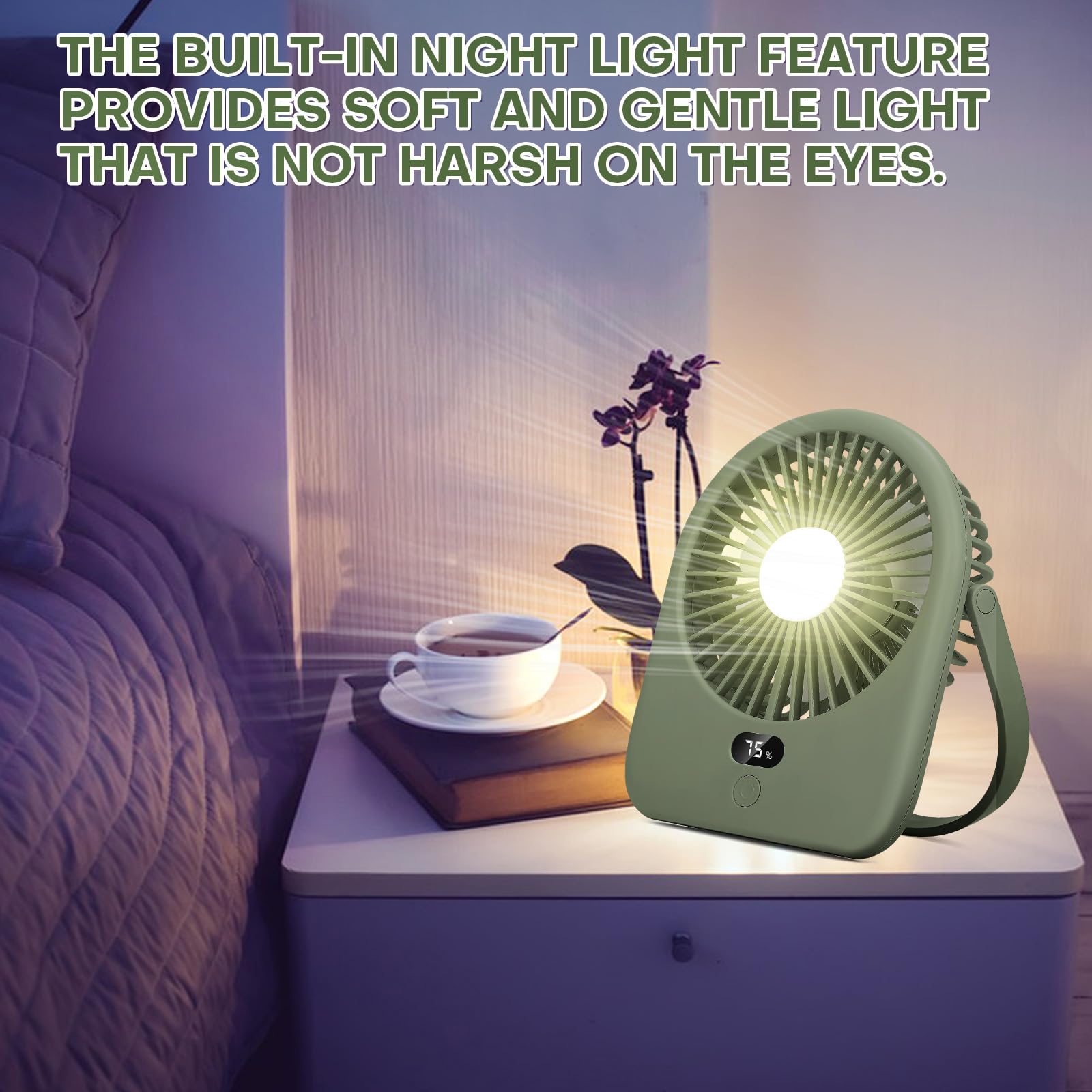 Nezylaf Portable Desk Fan With Led Light, Rechargeable 2000Mah Battery Operated Personal Fan, 180°