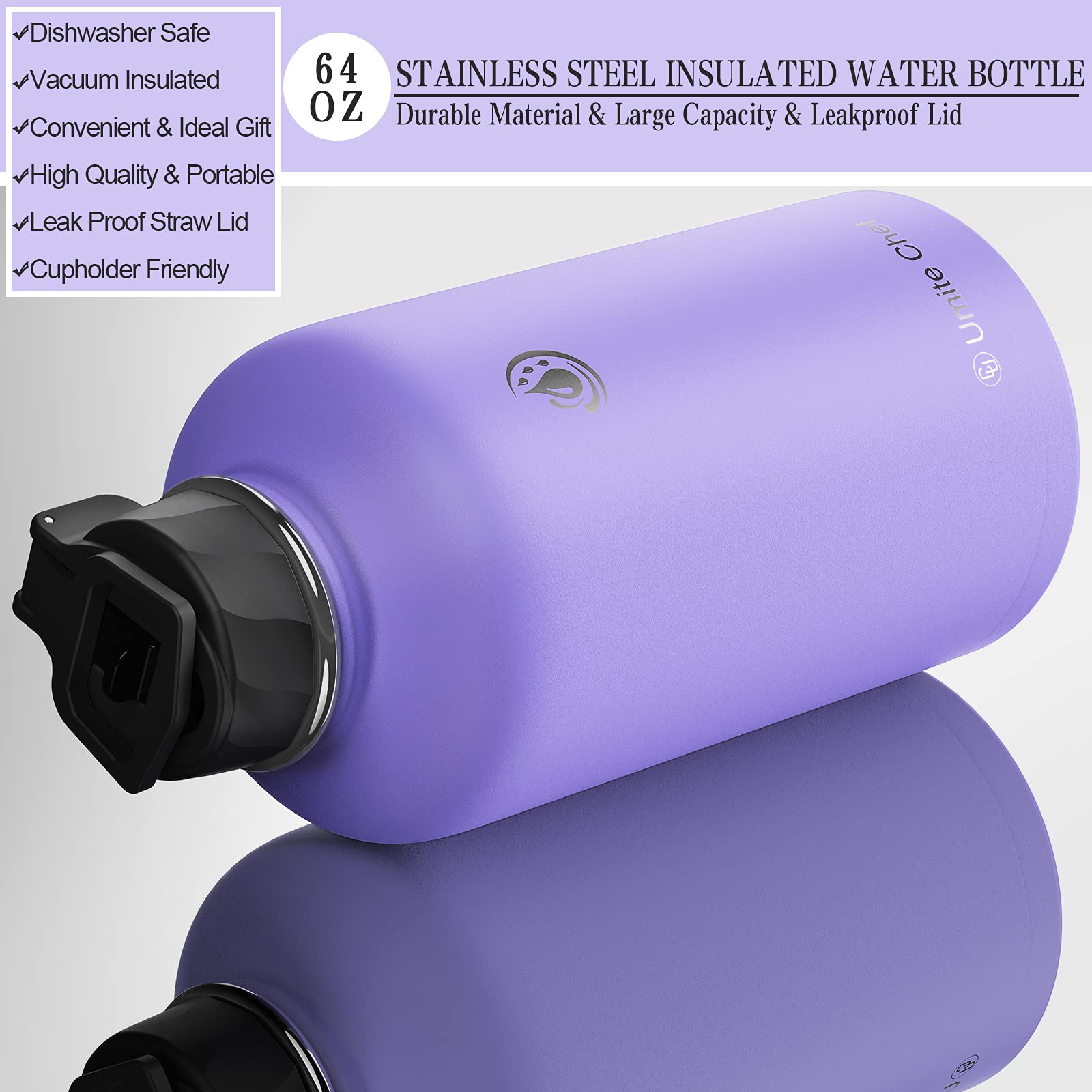 Umite Chef Stainless Steel Water Bottle With Straw, 64 Oz Wide Mouth Vacuum Insulated Sports Water