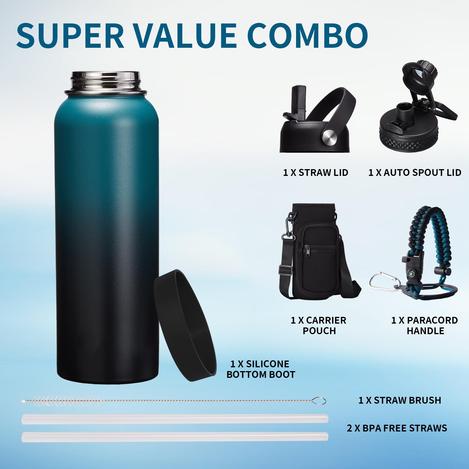 40/64/128Oz Vacuum Insulated Water Bottle - Cold For 48H, Combo Straw & Spout Lids
