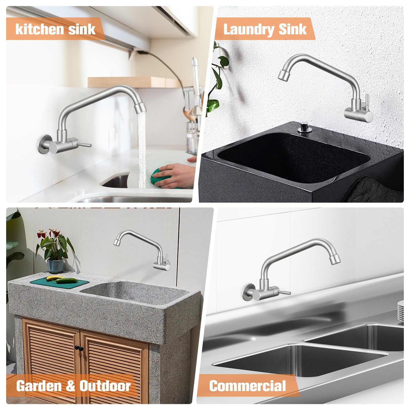 Totalize Wall Mount Faucet Cold Only,G1/2 Inch Cold Kitchen Utility Sink Faucet Sus304 Stainless For Commercial Laundry Sink Brushed Nickel