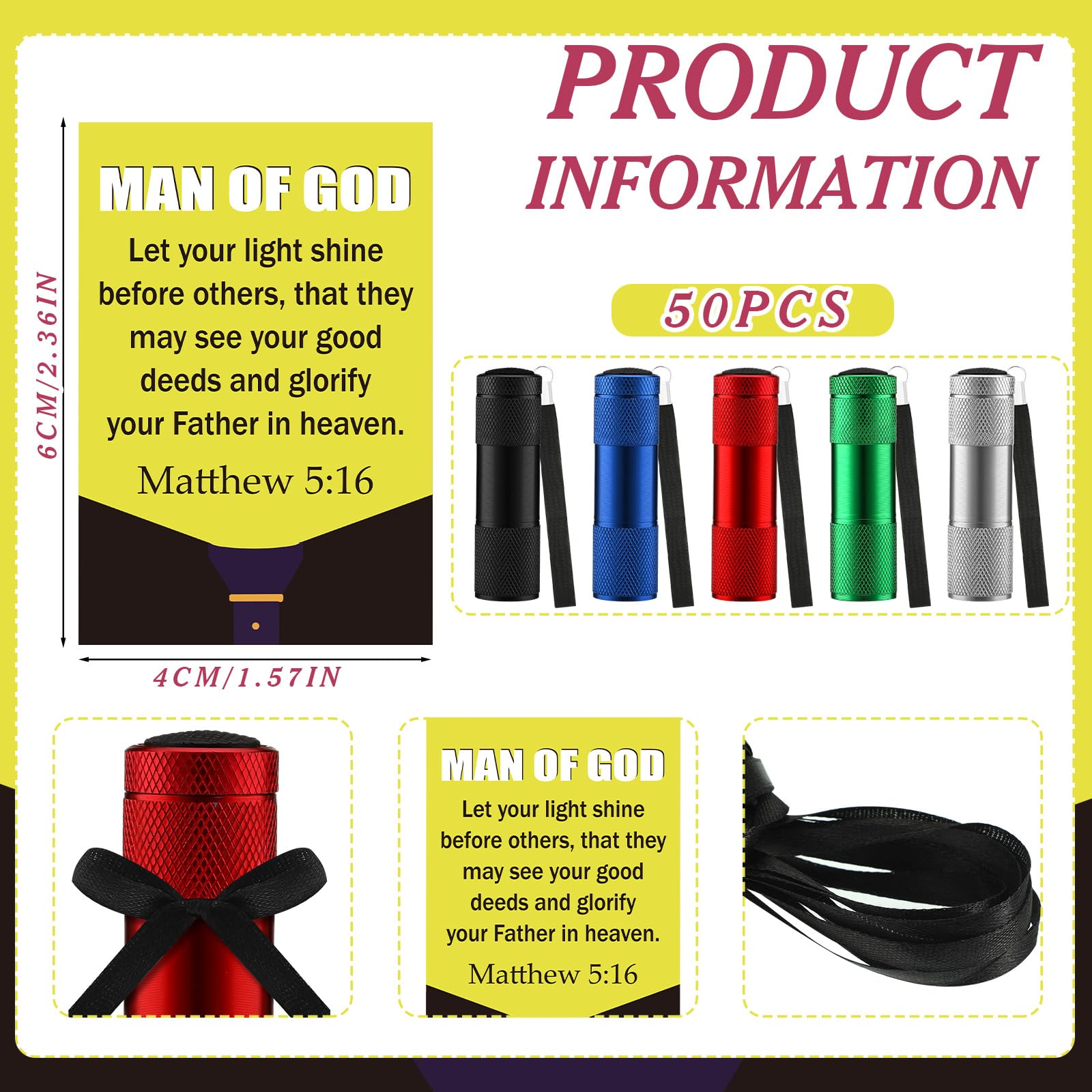 Vihose 50 Sets Father Church Mini Flashlights Bulk Bright Aluminum 9 Led Handheld Flash Light With Christian Bible Verse Cards For Thank You , Not Include Batteries