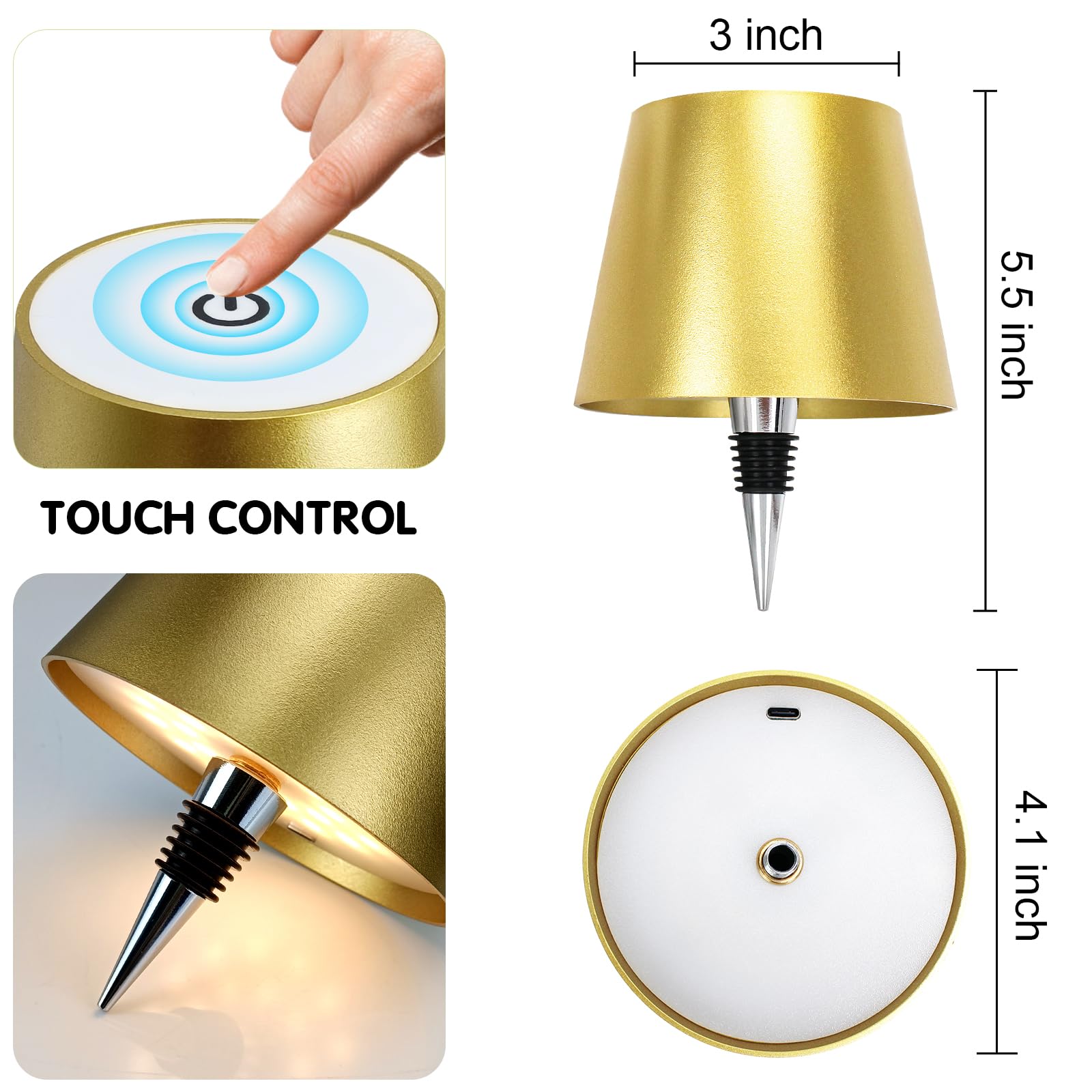 Puyttenpp Wireless Bottle Lamp,Wireless Bottle Lamp With 3 Modes Light Dimming, Touch Led Rechargeable Wine Bottle For Bars Restaurants Christmas Decoration (Gold)