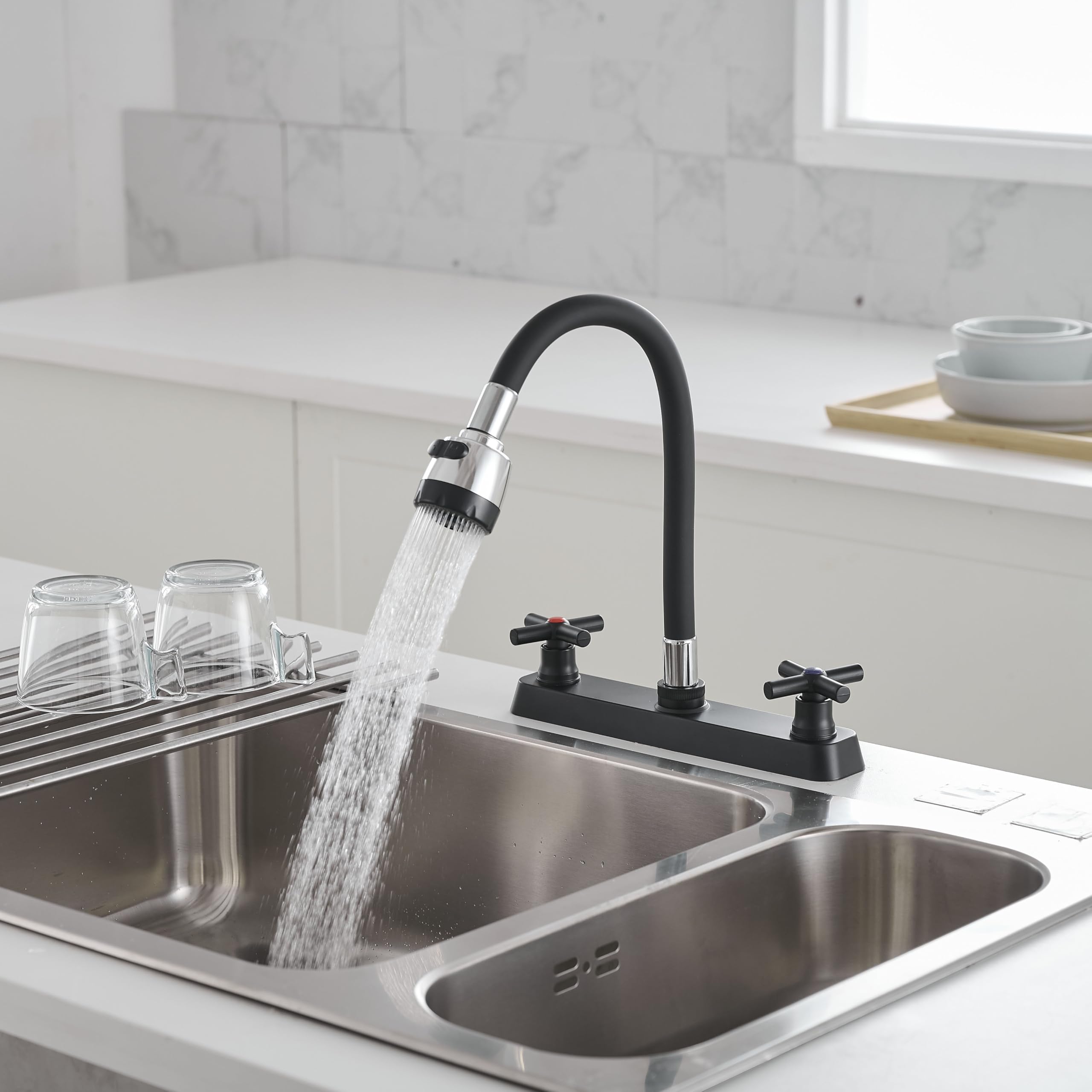 Weirun Rv Kitchen Faucet,Rv Kitchen Sink Faucet Replacement,Camper Faucet Kitchen With 2 Handles Flexible Arch 360 Swivel Flexible Dual Function Sprayer For Campers, Motorhomes, Travel Trailers Black