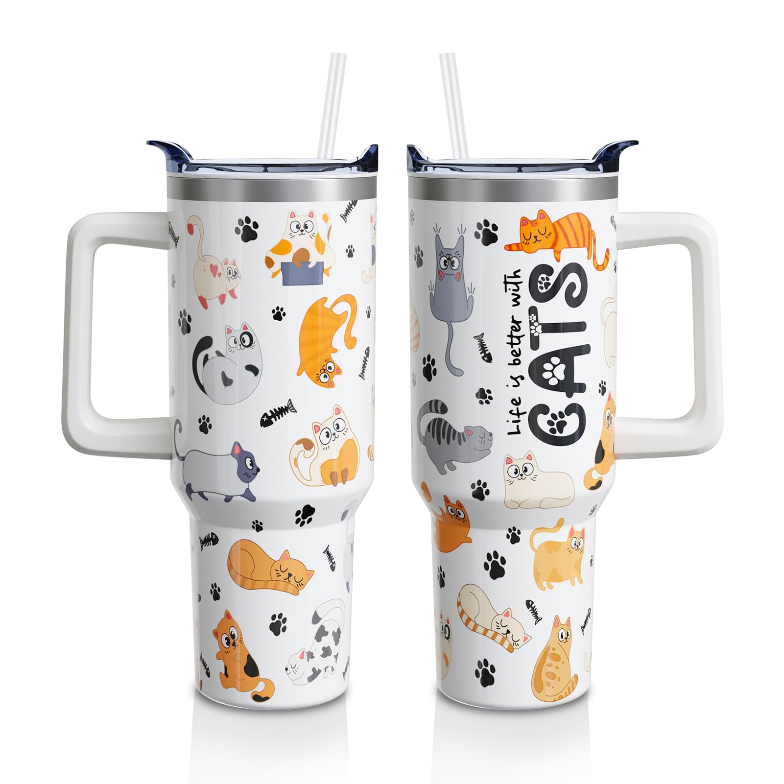 Funny Cat 40Oz Tumbler With Lid And Straw,Life Is Better With Cats Insulated Cup