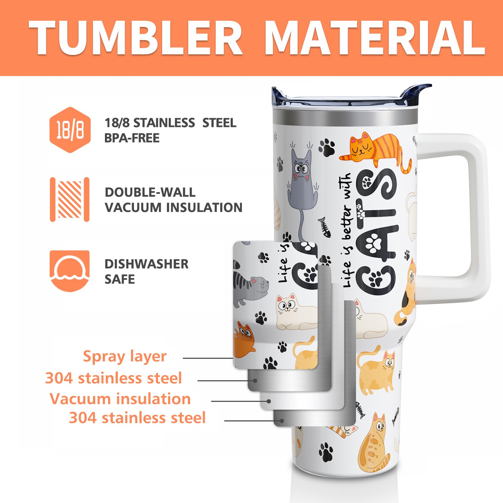 Funny Cat 40Oz Tumbler With Lid And Straw,Life Is Better With Cats Insulated Cup