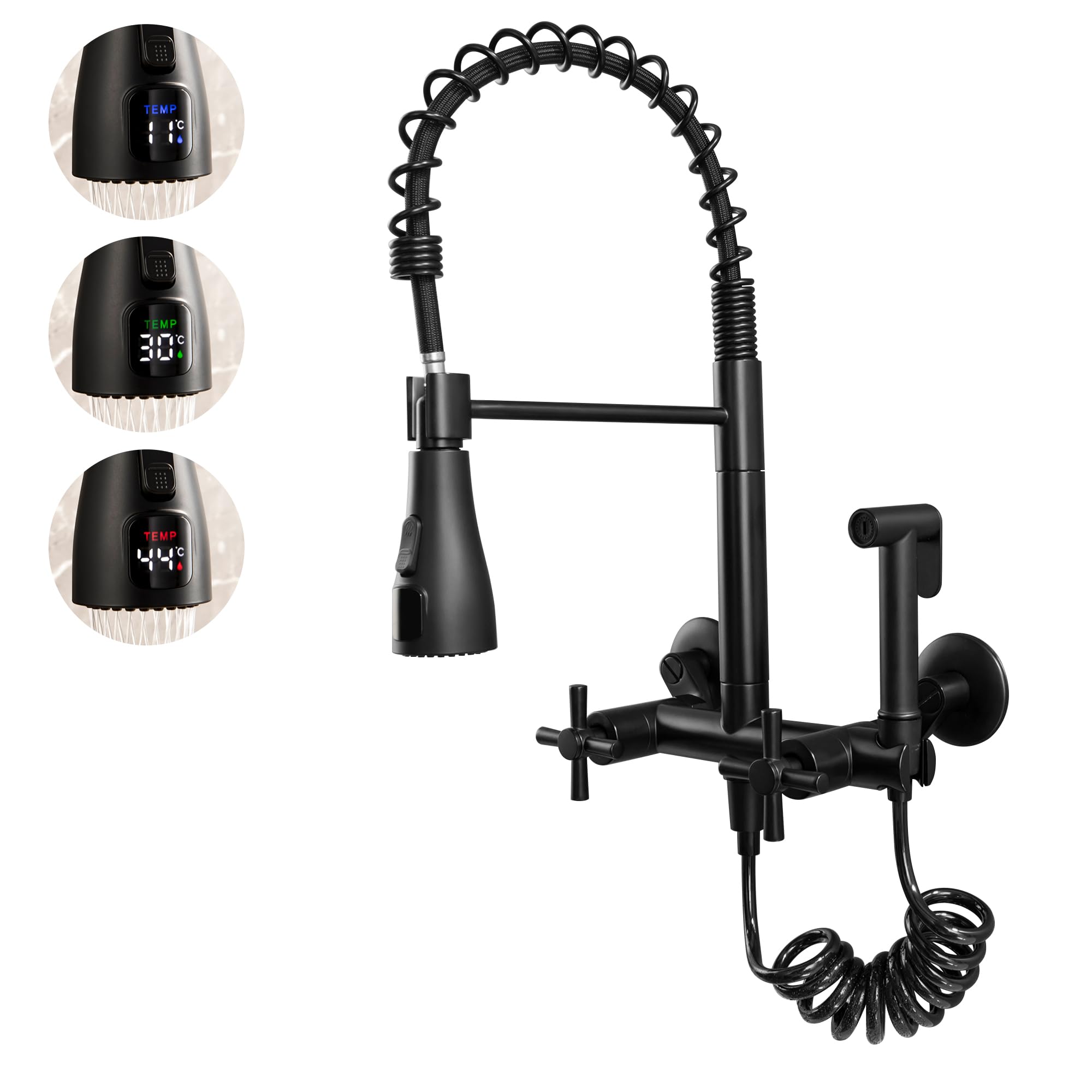 Jphomes Wall Mount Kitchen Faucet 8 Inch Center Kitchen Sink Faucet, 2 Handles Commercial Sink Faucet With Temperature Display Head For Kitchen Laundry Room, Matte Black