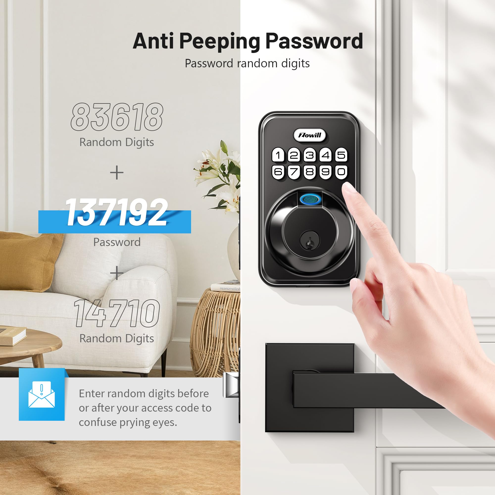 Zowill Fingerprint Door Lock, Keypad Door Lock With 2 Handles, Keyless Entry, Auto Lock, Anti-Peeping Password, Electronic Deadbolt, Front Door Handle Sets For Homes, Apartments, Easy To Install