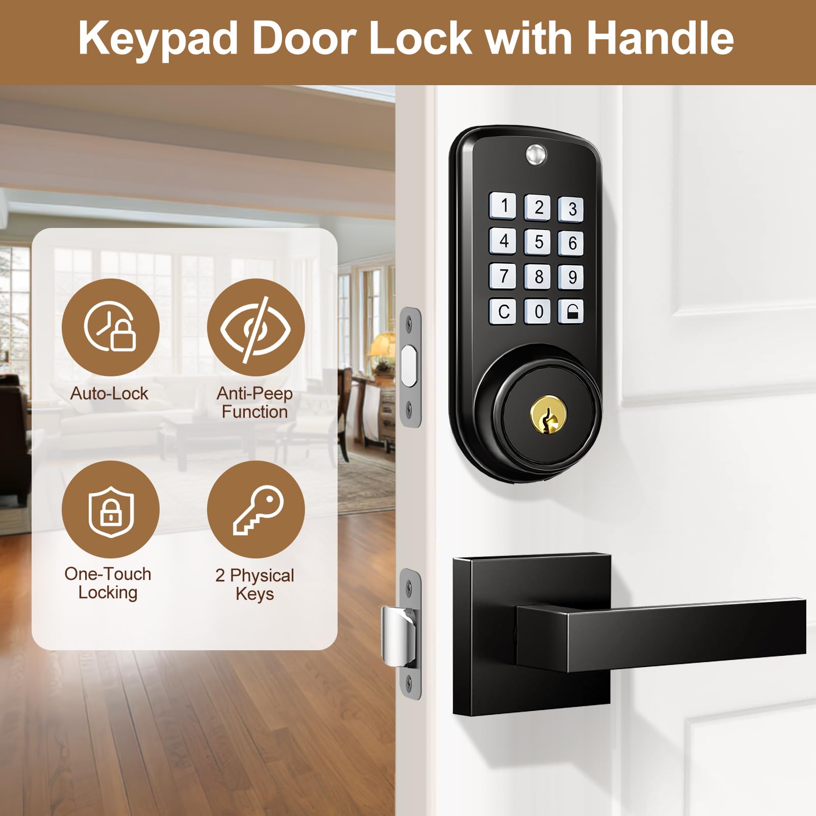 Dinstech Keyless Entry Door Lock With 2 Lever Handles, Electronic Keypad Deadbolt, Auto-Locking, Anti-Peeping Password, Front Door Handle Sets, Easy Installation Design, Matte Black