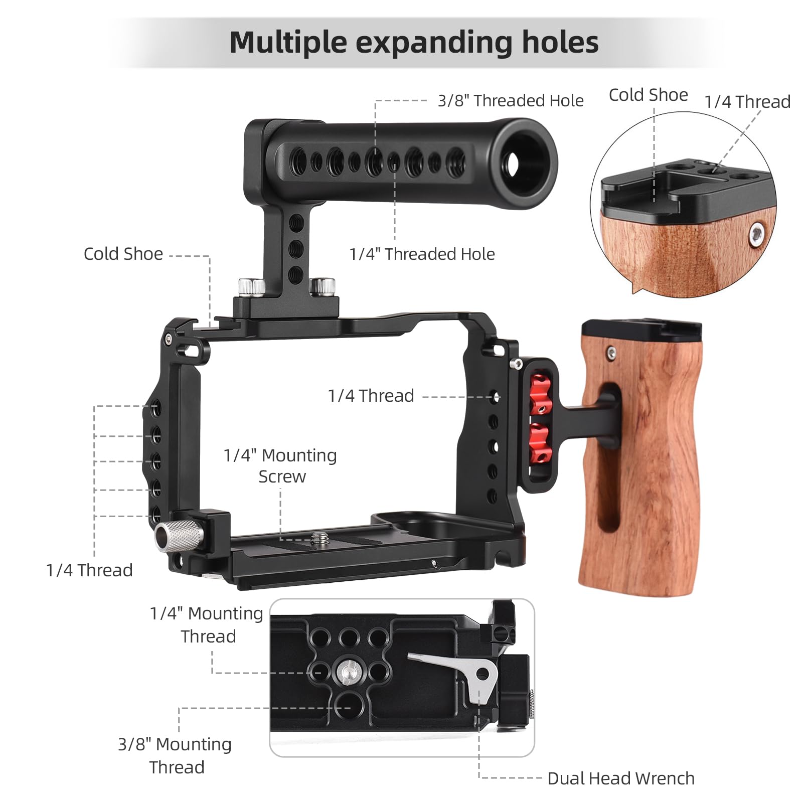 Andoer Camera Stabilizer Cage For Camera Top Handle + Protective Cage Kit For Side Grip Video Cage For Camera Aluminium Alloy With Slot