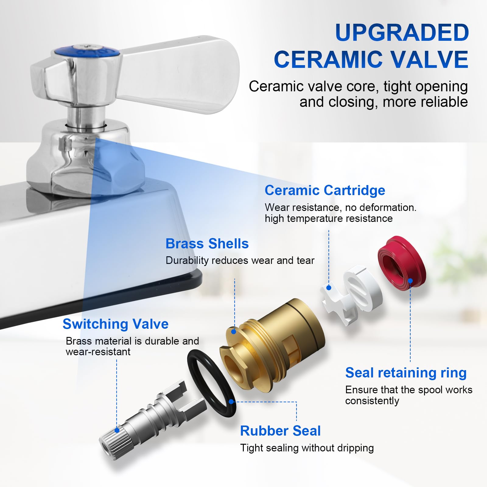 Zkdausdo Leak- Commercial Bar Sink Faucet 4" Center With Ceramic Valve, Deck Mount Hand Sink Faucet With 3-1/2" Gooseneck Spout, Dual Lever Handles, Brass Constructed, Commercial Grade