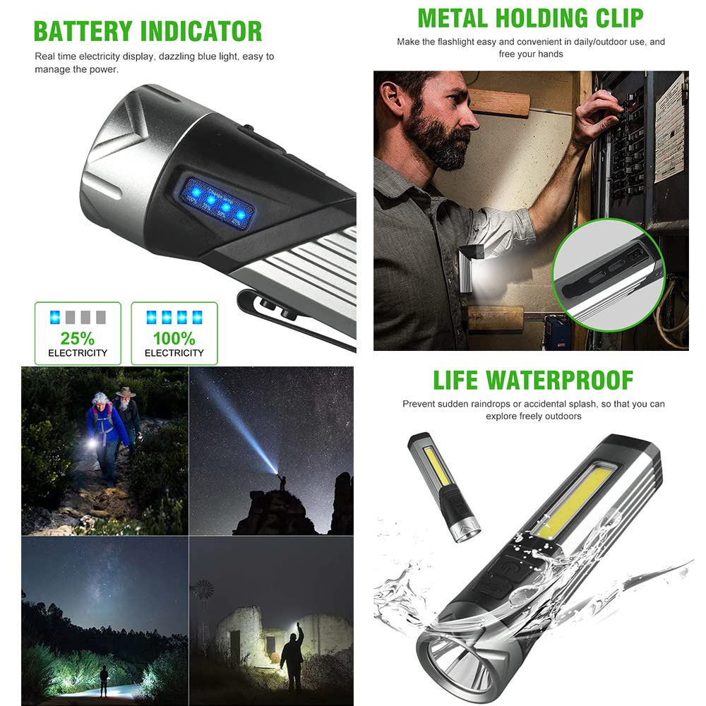 Yzyoe Rechargeable Mag Lights Flashlight - 90 Degree, Ip65 Waterproof, Clip On Work Light For Outdoor, Hiking