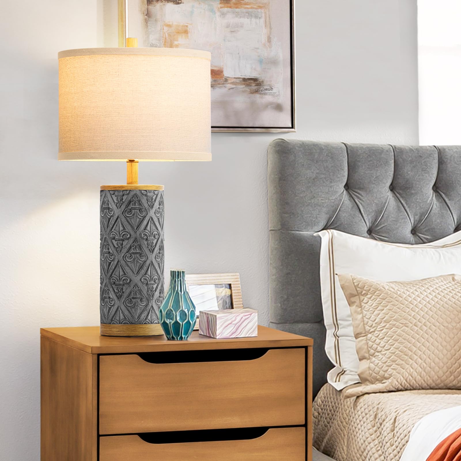 Spclsim 24.8" Farmhouse Table Lamps For Bedrooms Set Of 2, End Table Lamps For Living Room, Rustic Traditional Bedside Nightstand Lamps With Dark-Grey Resin Body Beige Shade, Bulbs Included