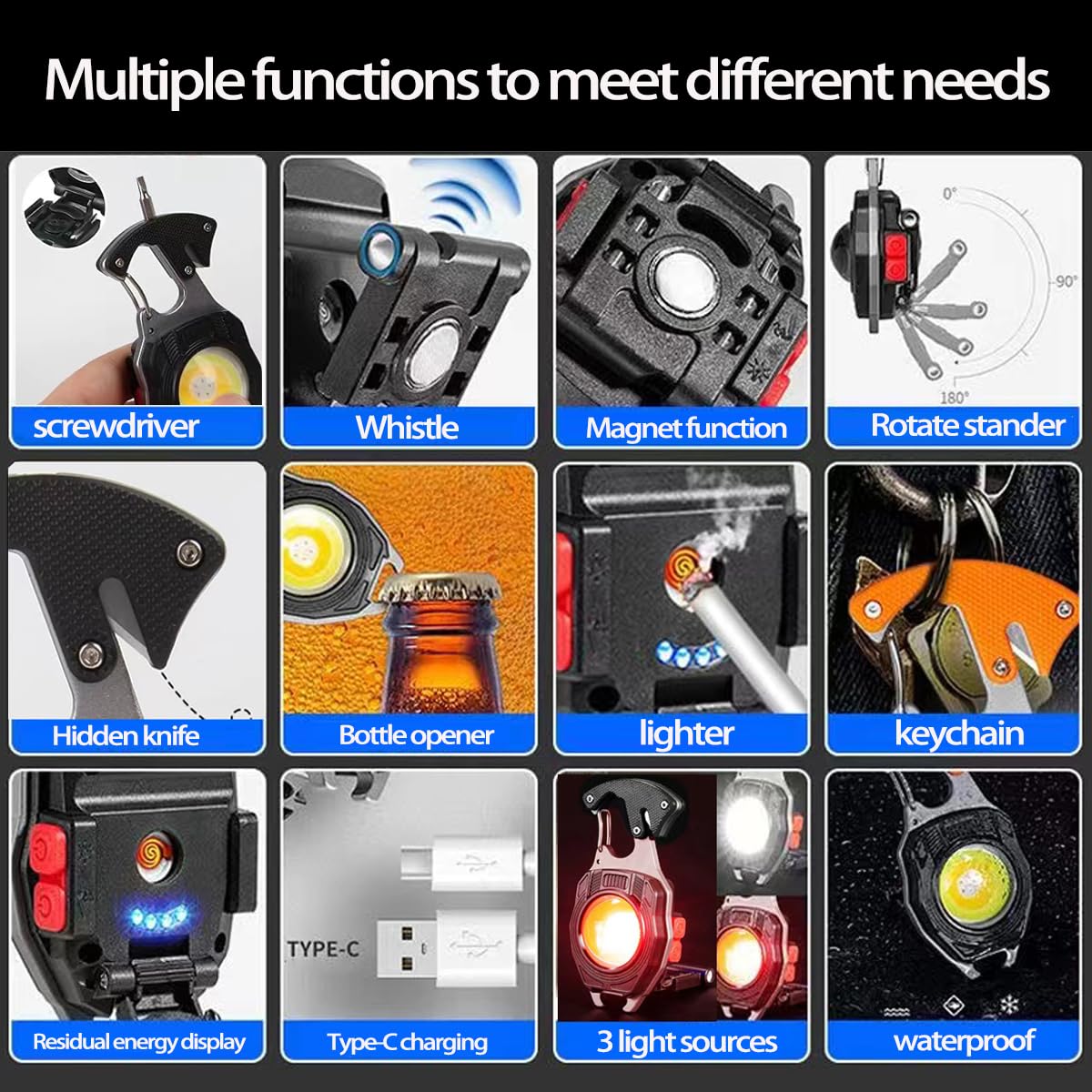 Ezolife Cob Keychain Work Light Keychain Flashlights 7 Light Modes 1600Lumen,Portable Usb Rechargeable Cob Work Light Emergency Light With Folding Bracket Bottle Opener And Magnet Base