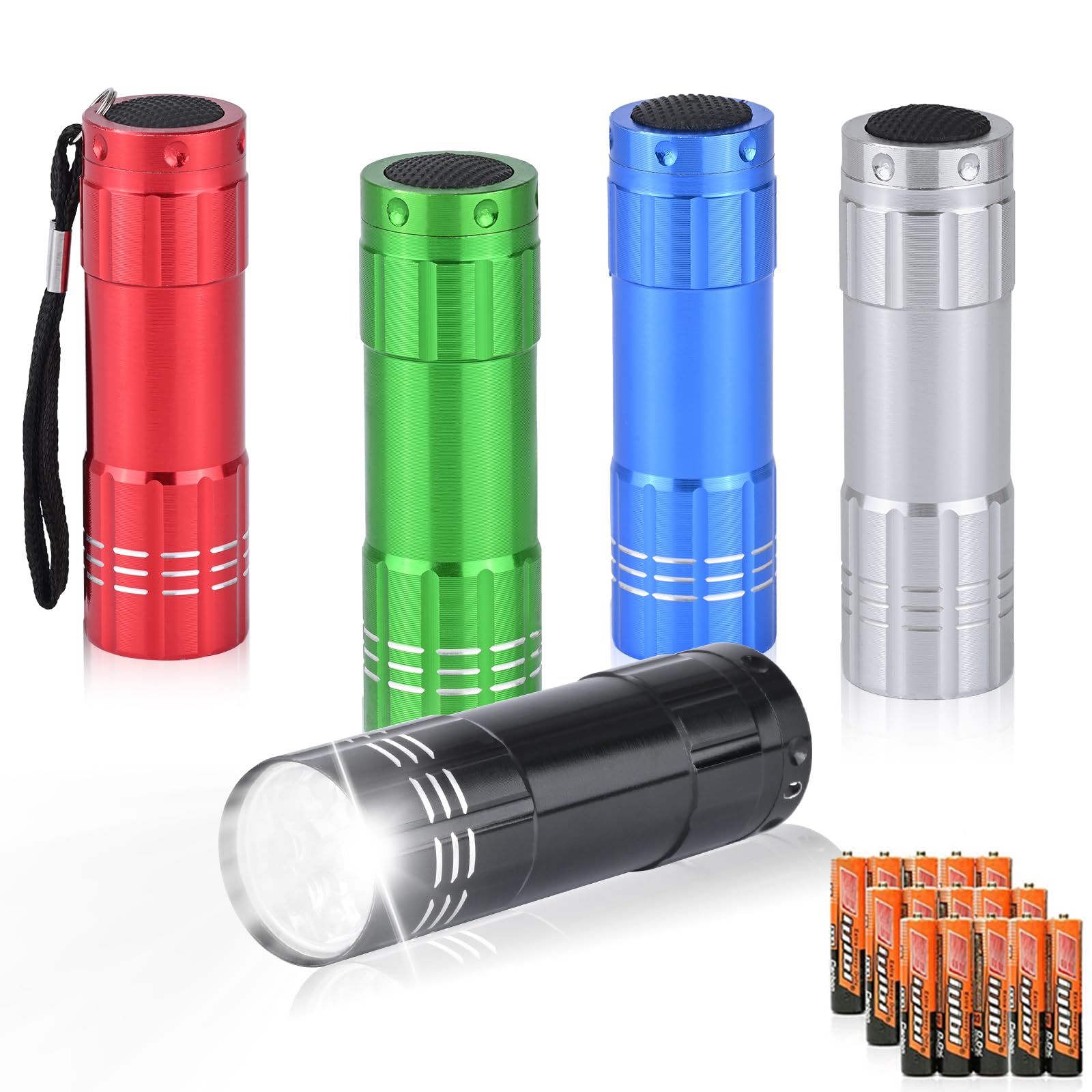 Yikosam 5 Pack Of Flashlights 9 Led Mini Aluminum Flashlight Bulk With Lanyard 15 Aaa Batteries Included Assorted Colors Handheld Flashlights For Hurricane Supplies Camping, Night Reading, Cycling