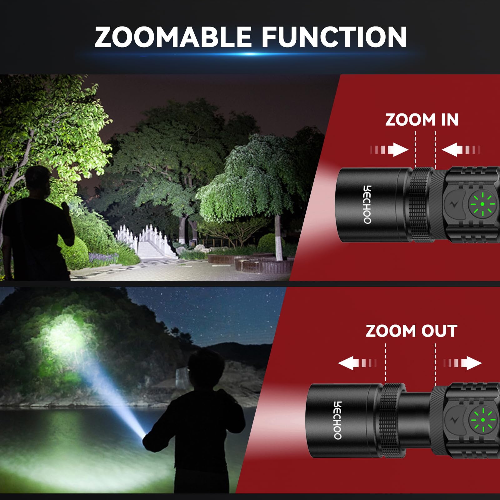 Rechoo Rechargeable Flashlights High Lumens, Double Switch S3000L Led Flashlight, Super Bright 5 Modes Zoomable Waterproof Edc Flashlights For Home, Emergncies, Camping(Battery Included)