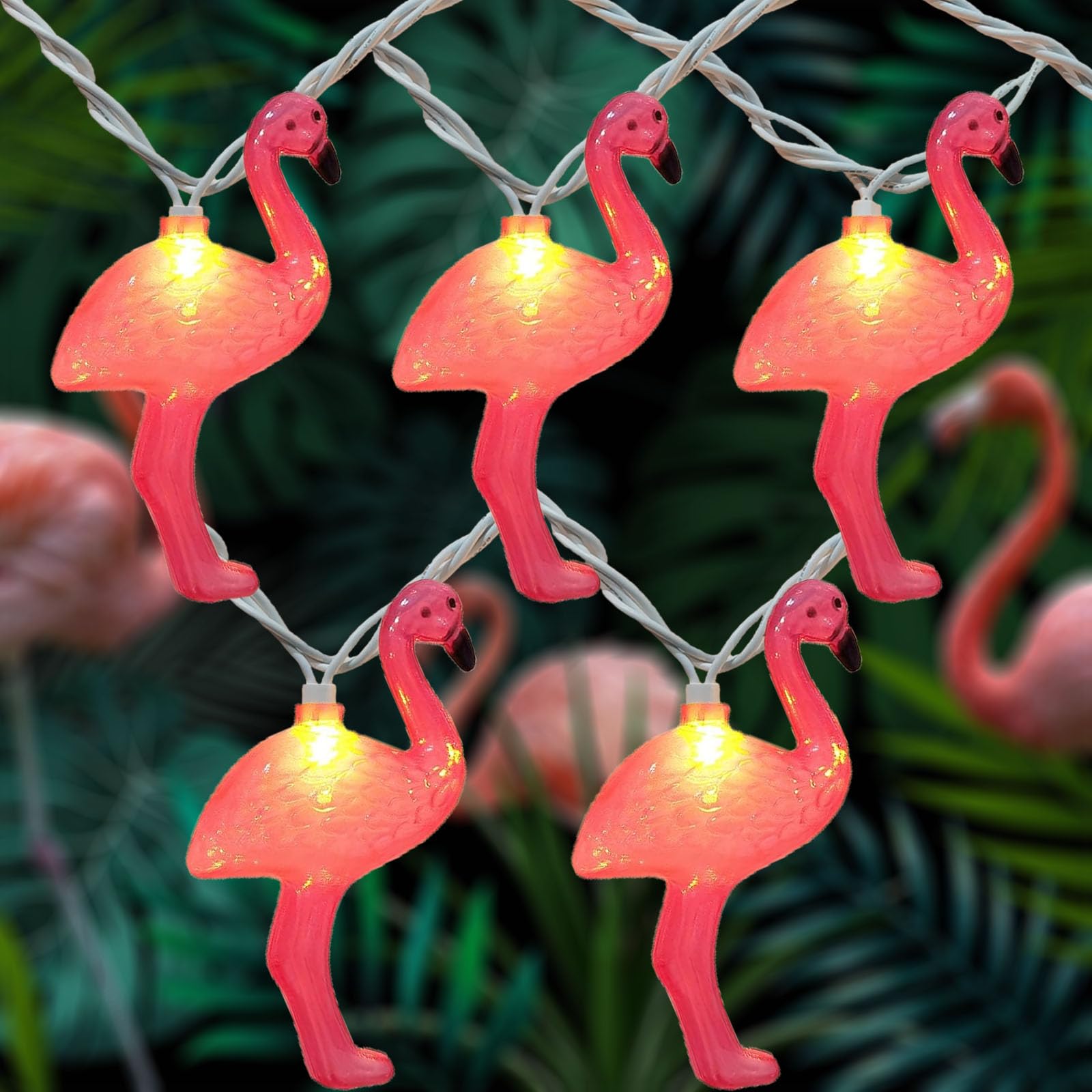Romasaty Pink Flamingo String Lights With 10 Pink Flamingo Light, Summer Tropic Themed Decor Light For Camp Tent Wedding Holiday Party Garden Bedroom-White