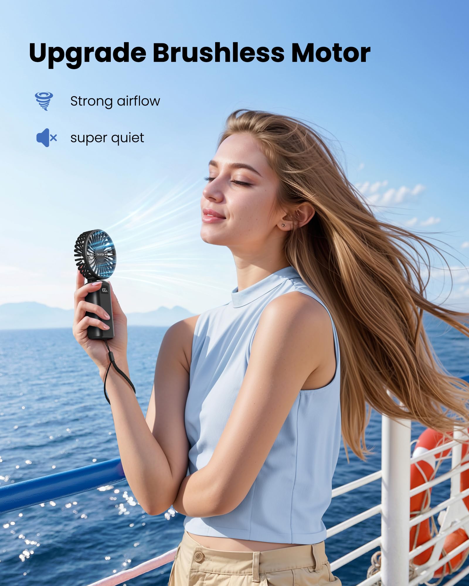 Close-up view of the Gaiatop fan's digital display showing battery level