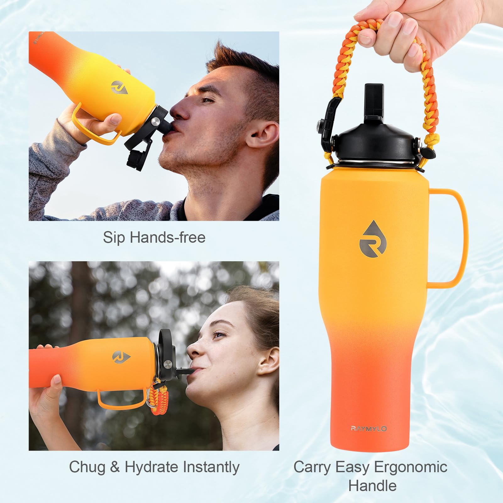 Insulated Water Bottle 40Oz (Cold For 48 Hrs), Stainless Steel Water Bottle With Handle & Straw Lid