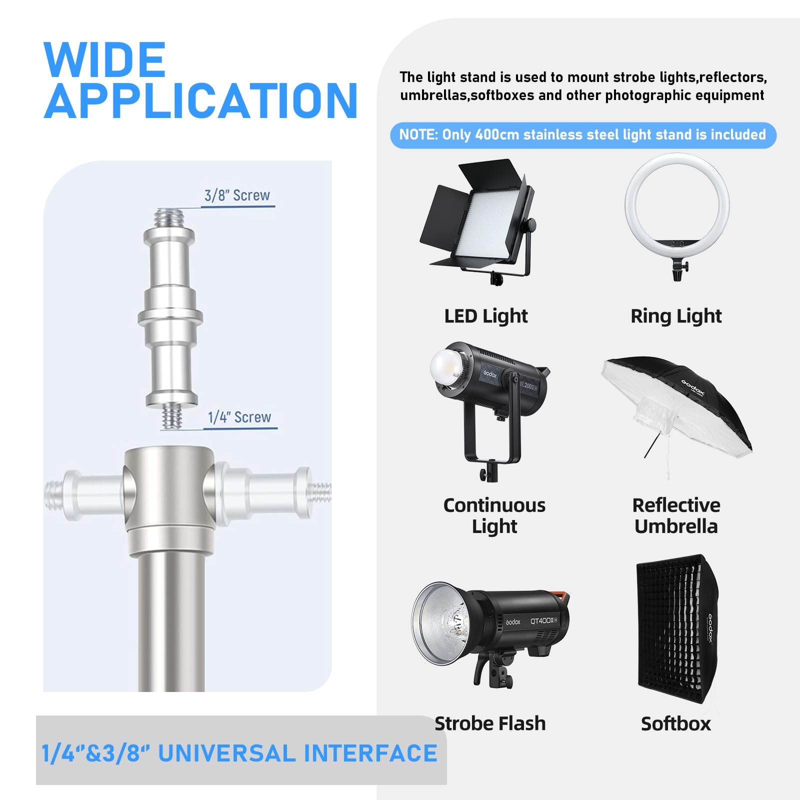 Ambitful Stainless Steel Photography Light Stand,13.1Ft/4M Spring Cushioned Heavy Duty Tripod Stand With 1/4” To 3/8” Screw Adapter For Strobe,Led Video Light,Ring Light, Monolight, Softbox