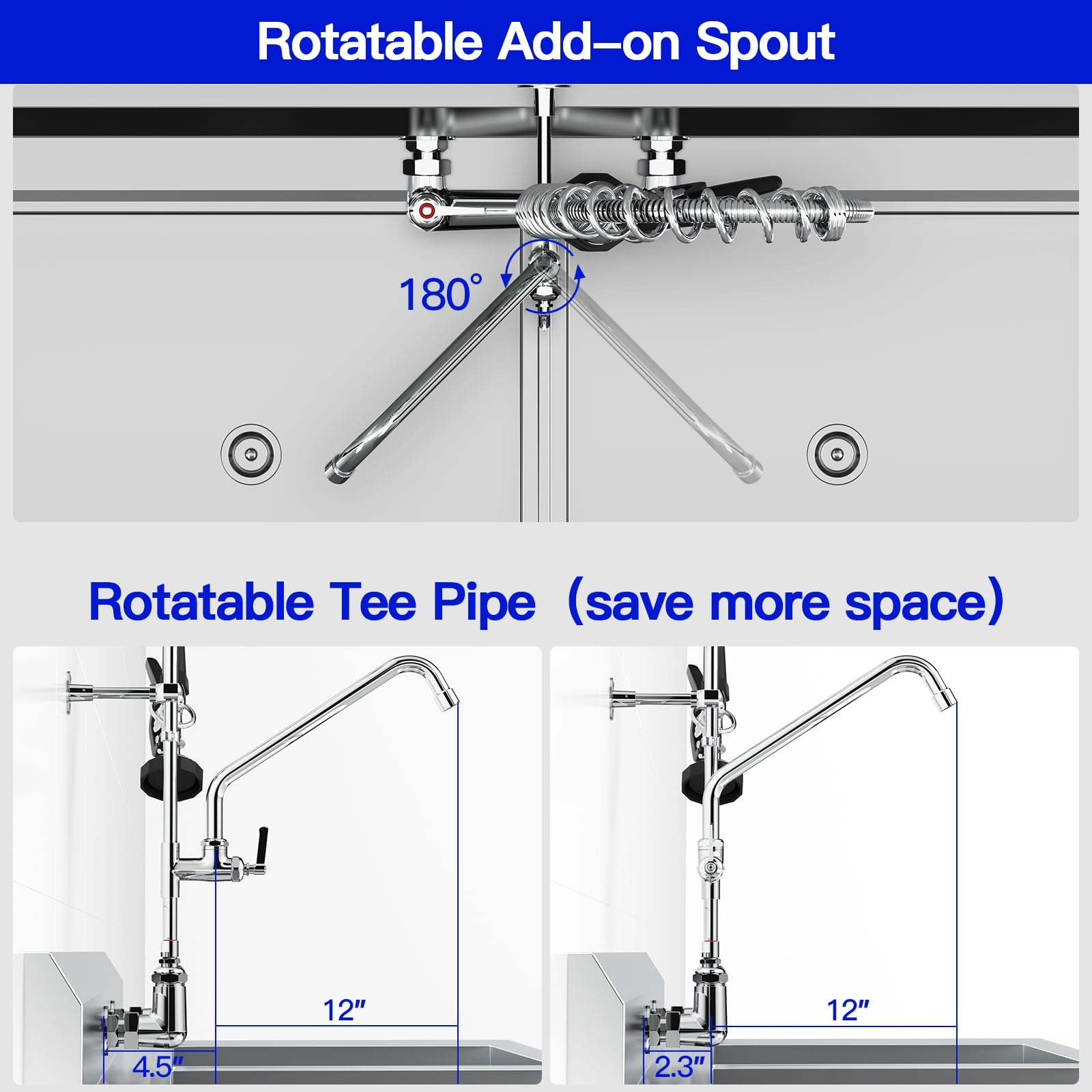 Gosifaca Commercial Kitchen Faucet 36” Height 12" Spout-Triangular Heavy Duty Body Wall Mount Faucet With Pre Rinse Sprayer Design For Commercial Kitchen Compartment Sink