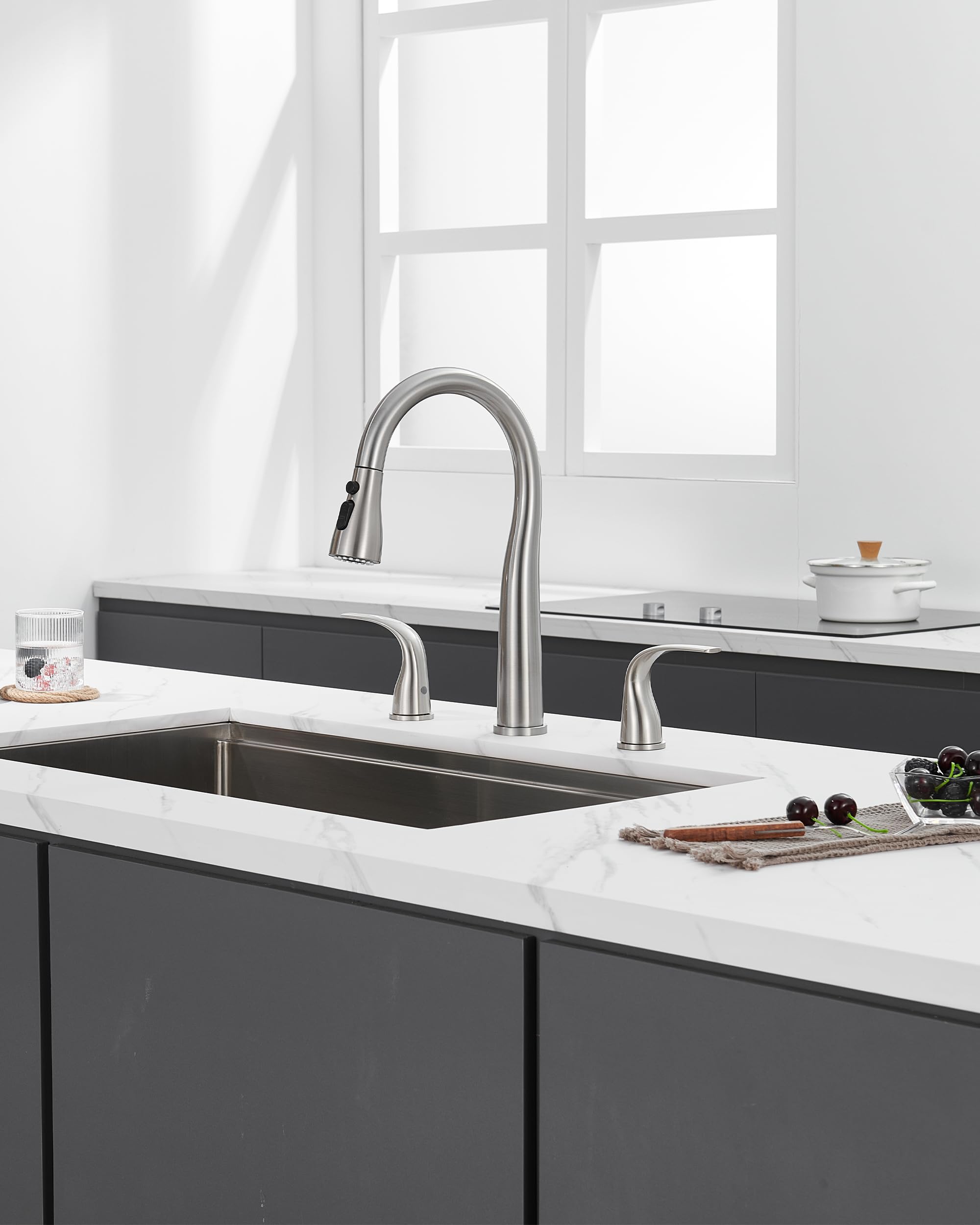 Tioriy 3 Hole Kitchen Faucet With Pull Down Sprayer, Brushed Nickel, Double Handle High Arc Faucet For Kitchen Sink With 3 Mode Spray, Stainless Steel, T-3005Bn