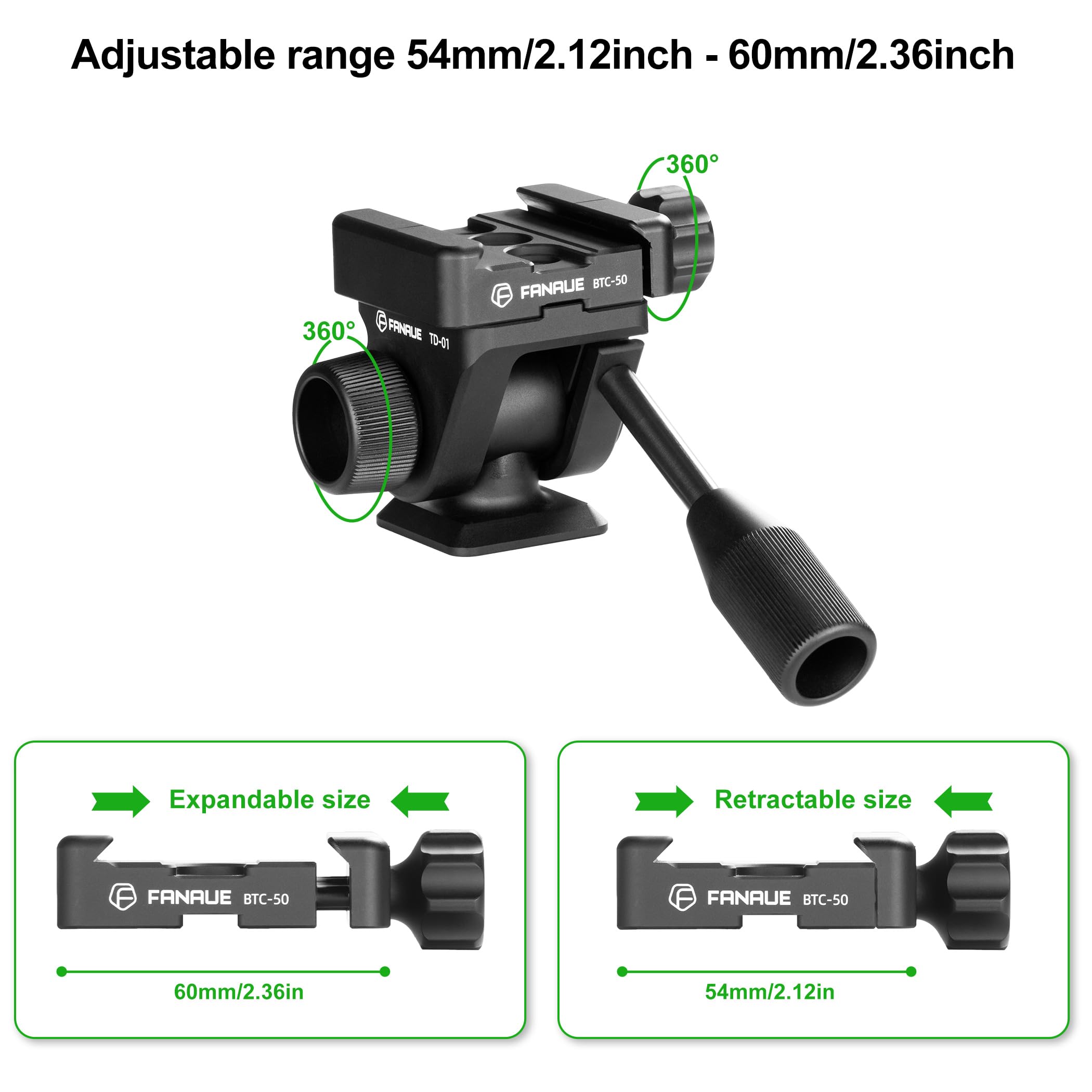 Fanaue Camera Tripod Fluid Head, Panoramic Ball Head With Arca Swiss Quick Release Plate Adapter, Mini Pan Tilt Head W Handle For Dslr Cameras,Camcorders,Monopod,Binoculars, Load Up To 7.72 Lb/3.5Kg