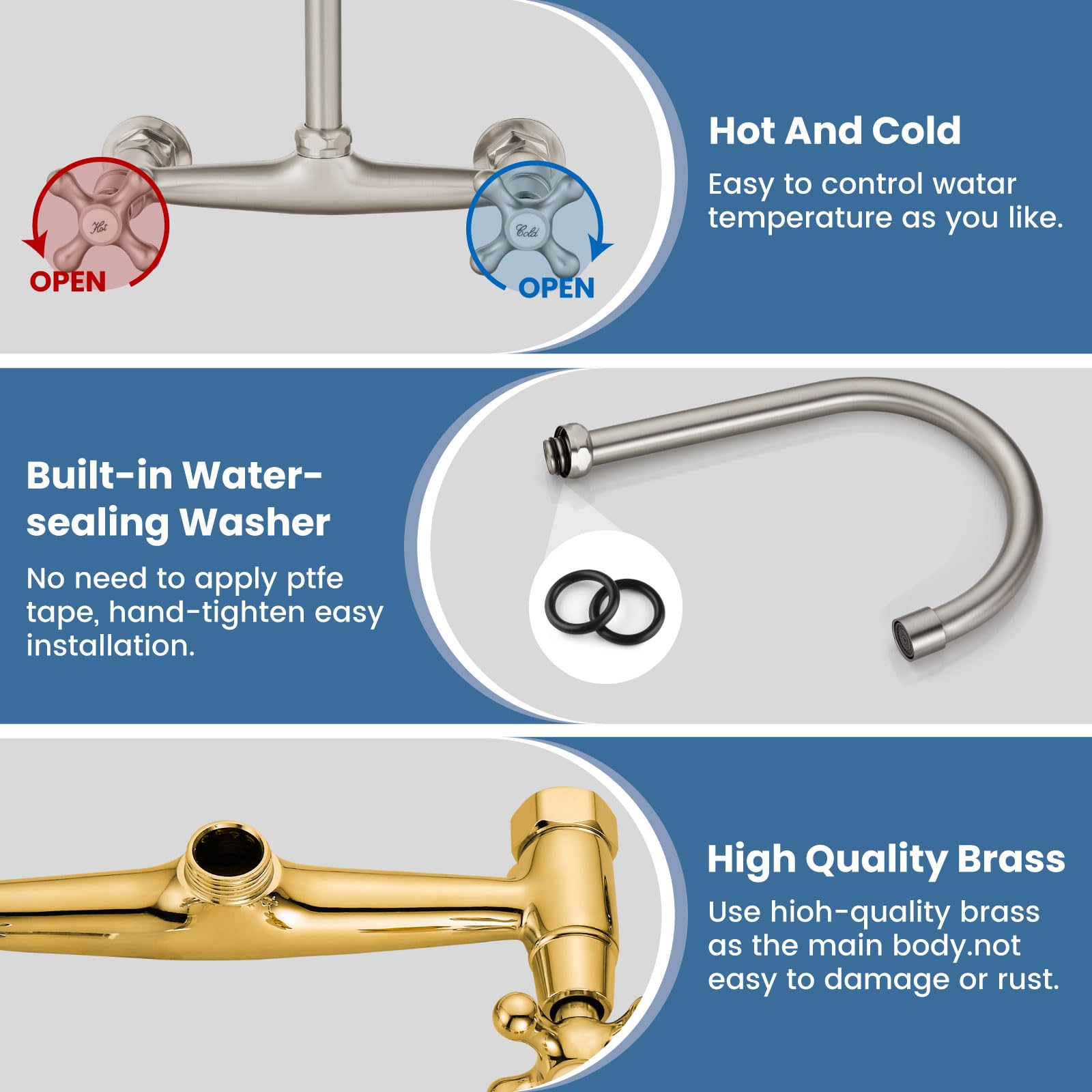 Airuida Brushed Nickel Wall Mounted Kitchen Faucet 8 Inch Center Wall Mount Commercial Sink Faucet 360 Degree Swivel Spout Utility Laundry Restaurant Sink Tap With 2 Handles