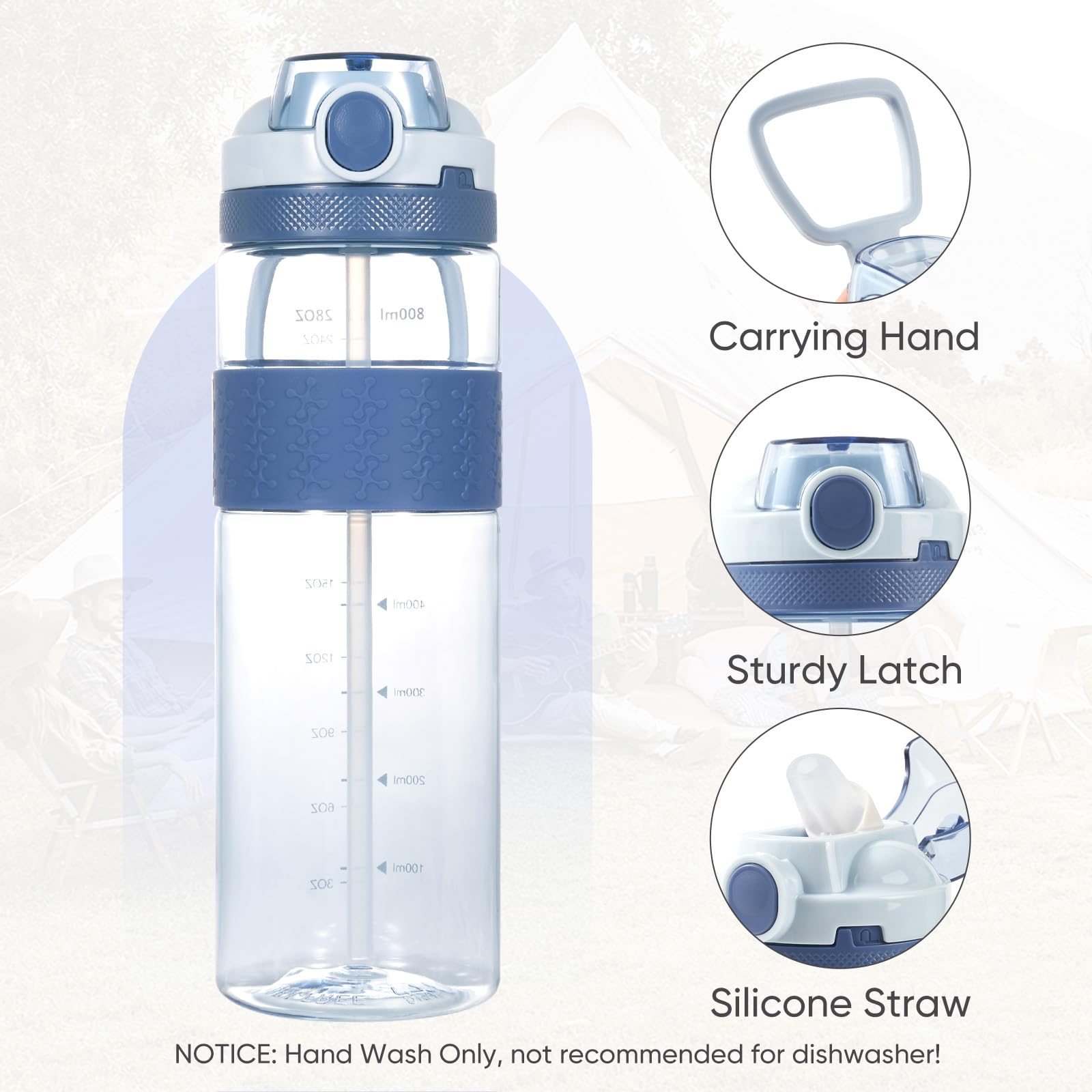 Kerilyn 28Oz Clear Water Bottle With Straw, Flip Top Water Bottle With Carrying Loop, Leak-Proof
