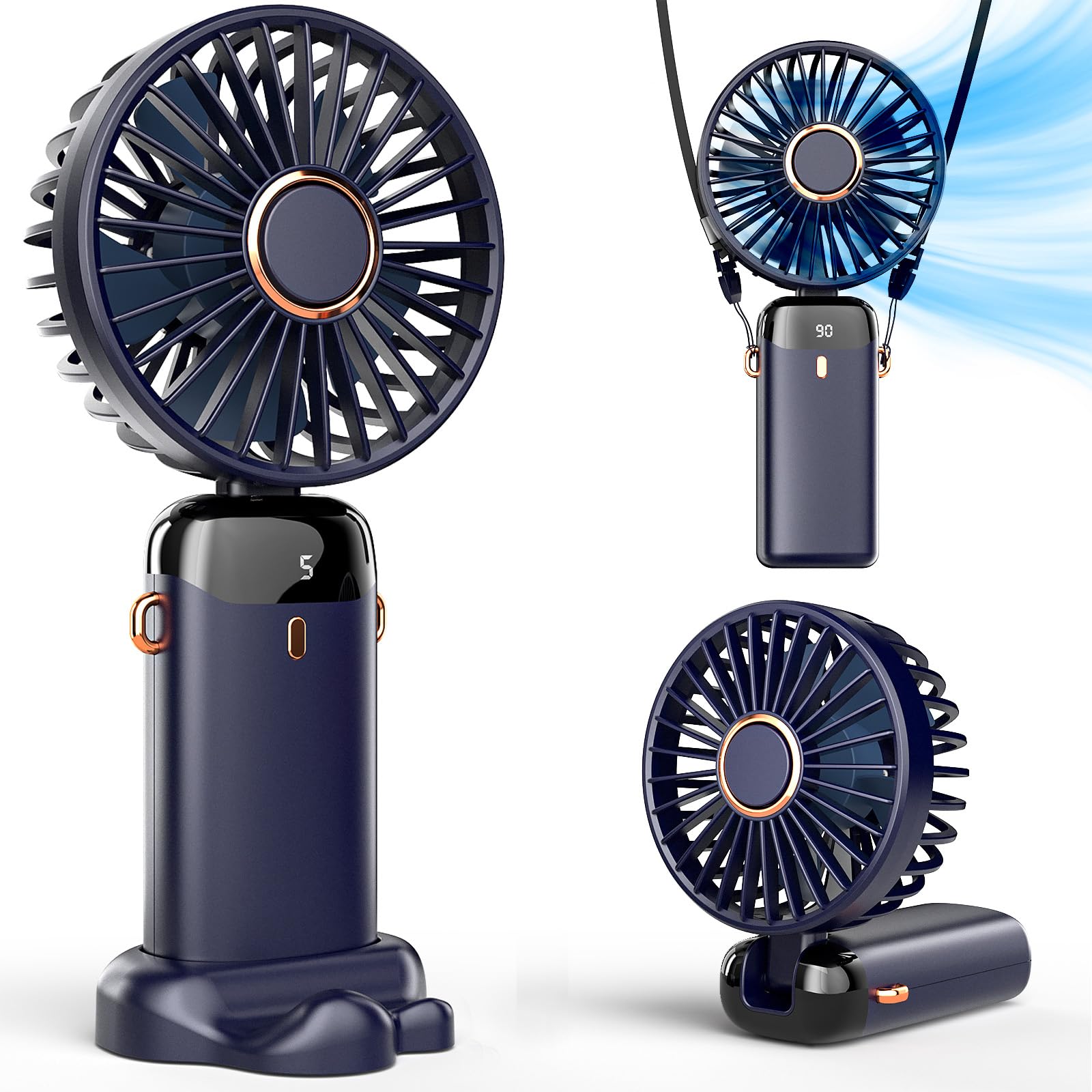 Koonie Portable Handheld Fan, Battery Operated Fan With Base, 8 Hours, Digital Display, 5 Speeds - Koospark