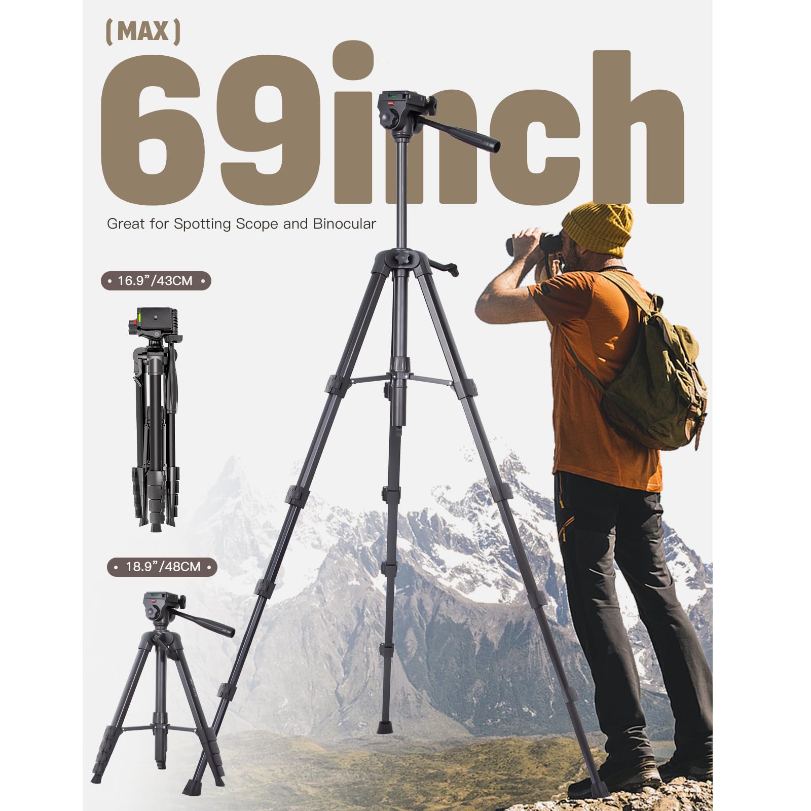 Arsoer 69” Tripod For Spotting Scopes, Binocular & Camera, Includes Binocular Adapter, 2 Qr Plates, Phone Holder & Carry Bag, Ideal For Bird Watching, Hunting, Wildlife Viewing & Target Shooting