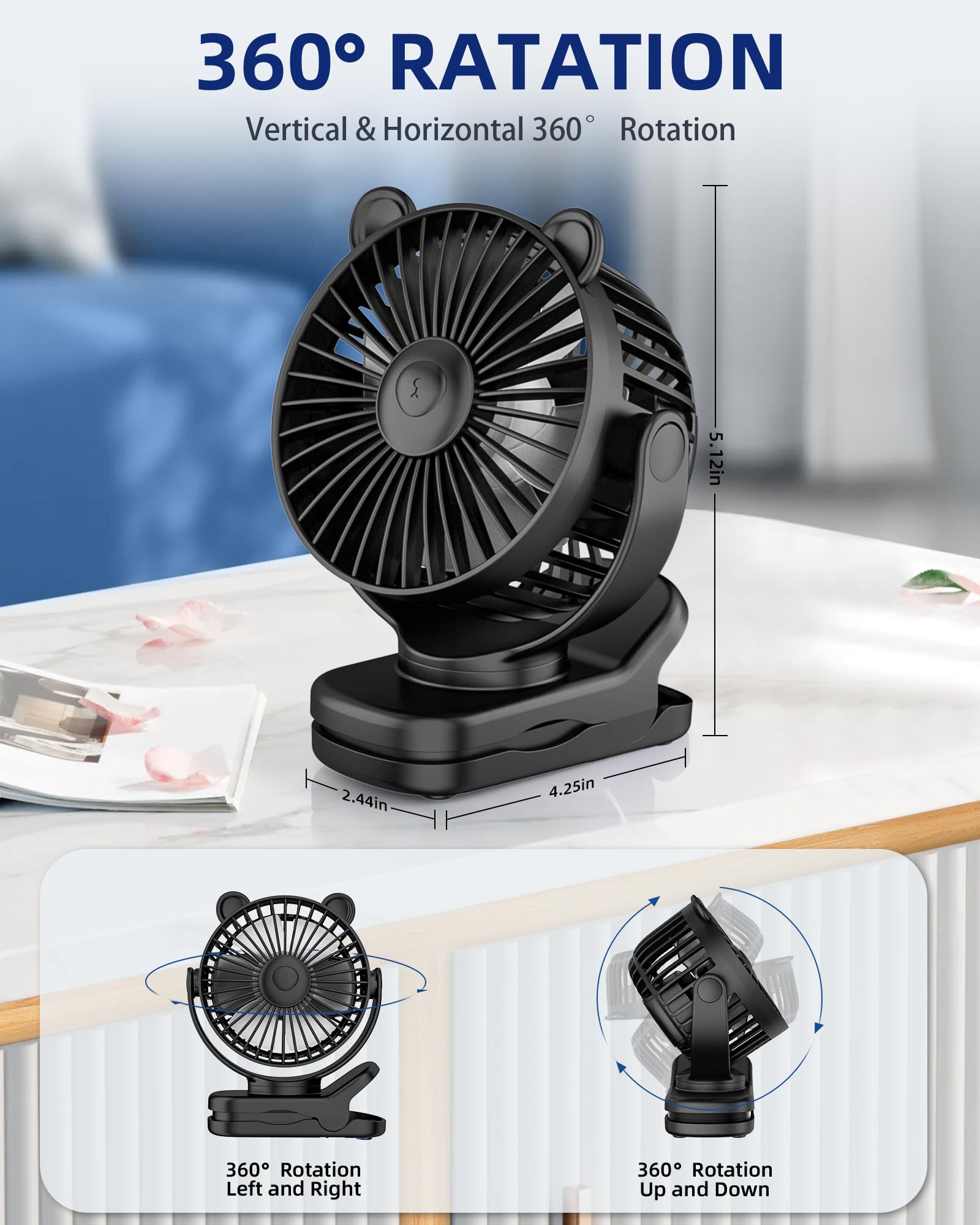 Kidee Portable Clip On Fan, Small Desk Fan Battery Operated, 360° Rotation, Cute Design, 3 Speed