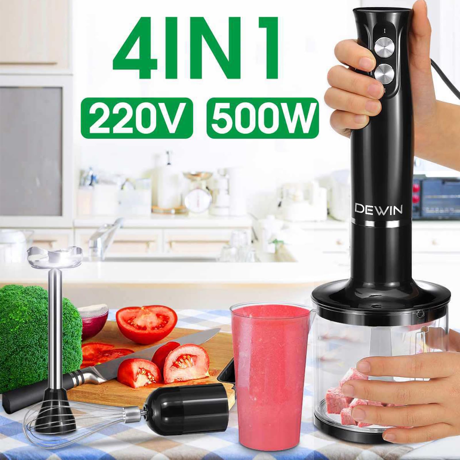 Dewin Immersion Blender, 500 Watt 4-In-1 Hand Blender With Chopper, Whisk, Mixing Beaker, Electric Stick Blender With Two Speed Adjustable, Ergonomic Handle