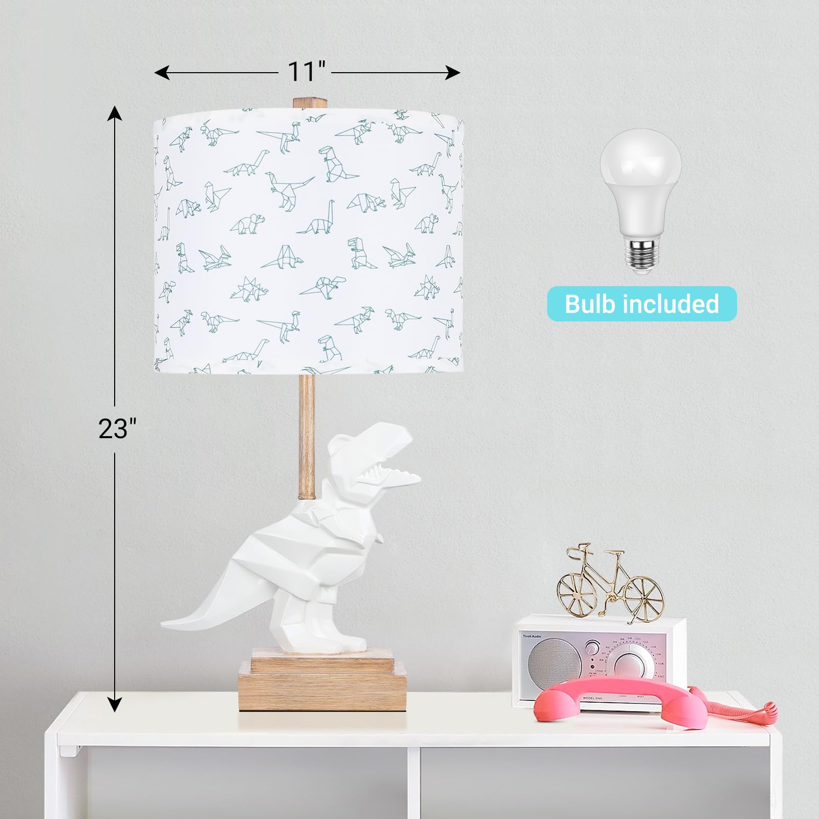 Hamucd Kids Dinosaur Table Lamp For Boys Girls Bedroom 23" Bedside Lamp For Children Cute Small White Nightstand Lamp For Nursery(Led Bulb Included)
