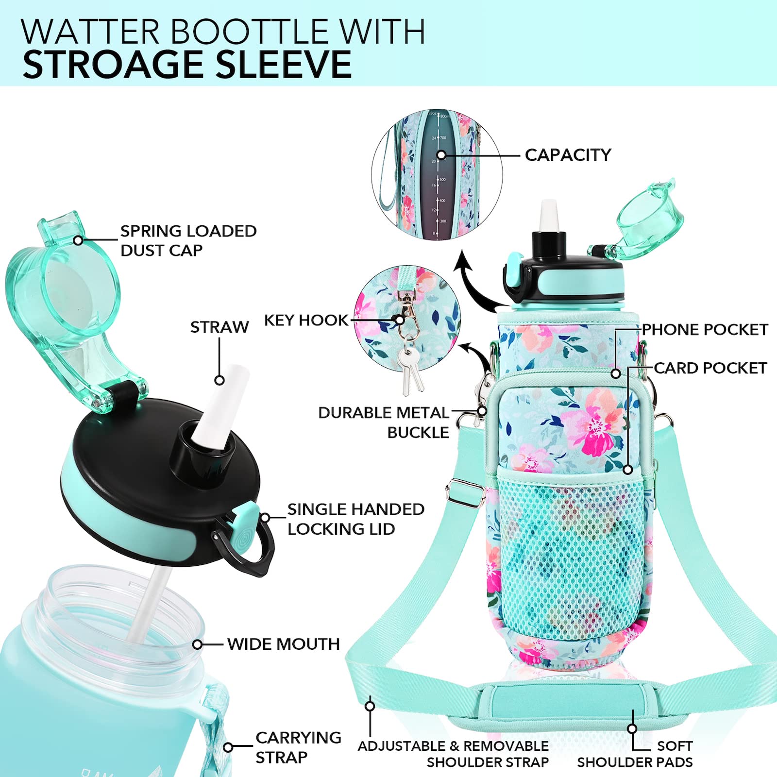 32 Oz Water Bottle With Straw And Sleeve, Motivational Water Bottle With Time Marker And Adjustable