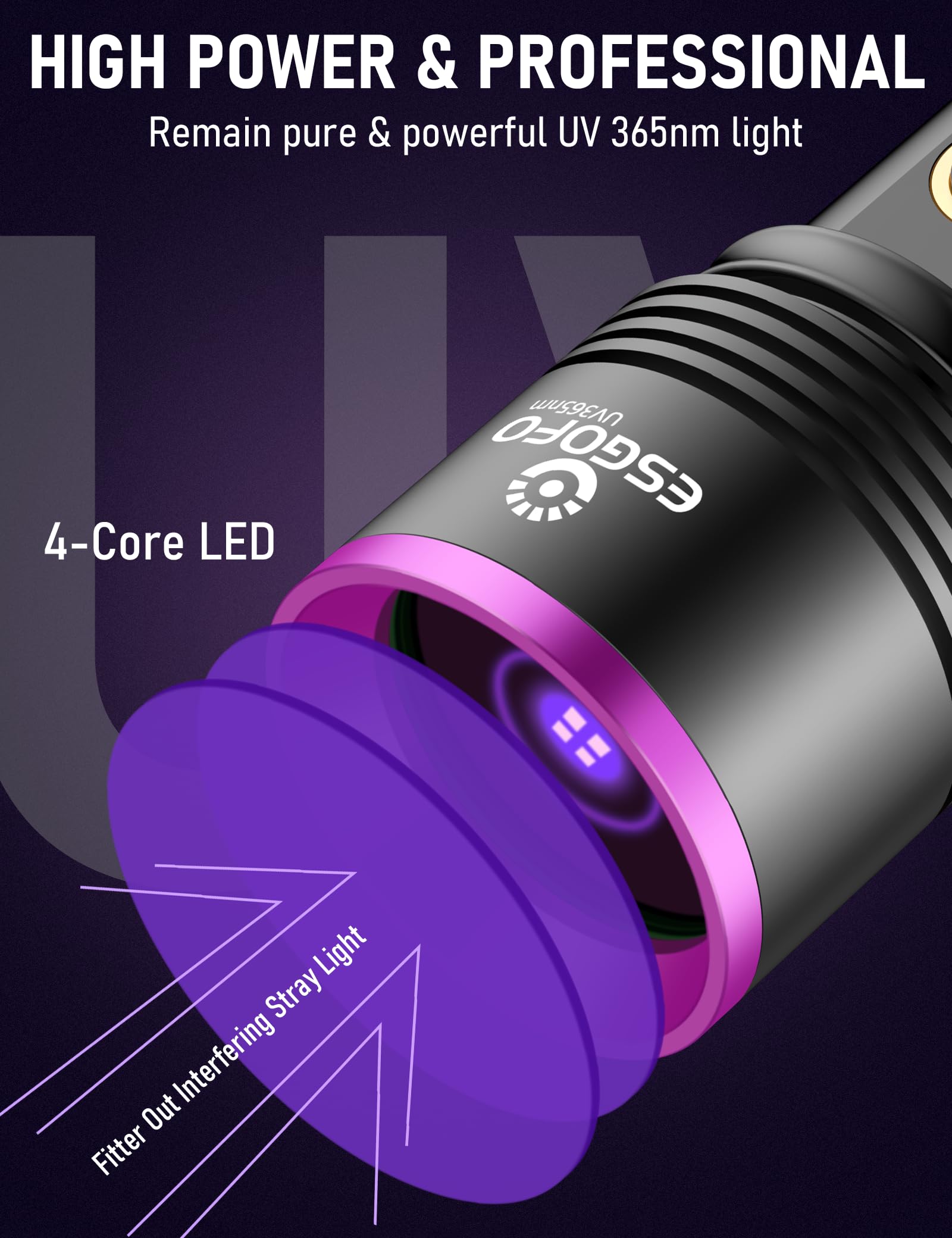 Esgofo Uv Flashlight 365Nm Powerful, Large 4-Core High Power Led Ultraviolet Blacklight Rechargeable Usb C, Handheld Big Ultraviolet Black Flash Light For Pet Urine Detection Scorpion Resin Curing