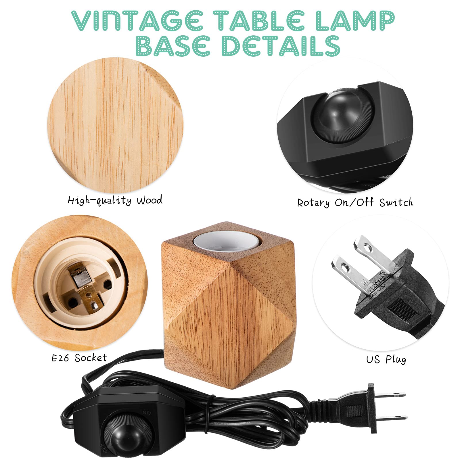 Riakrum 2 Pieces Industrial Wooden Lamp Base E26/ E27 Vintage Desk Lamp With Switch Plug Wood Small Lamp Base Polygon Industrial Night Light Boho Decor For Living Room Bedroom (No Bulb)