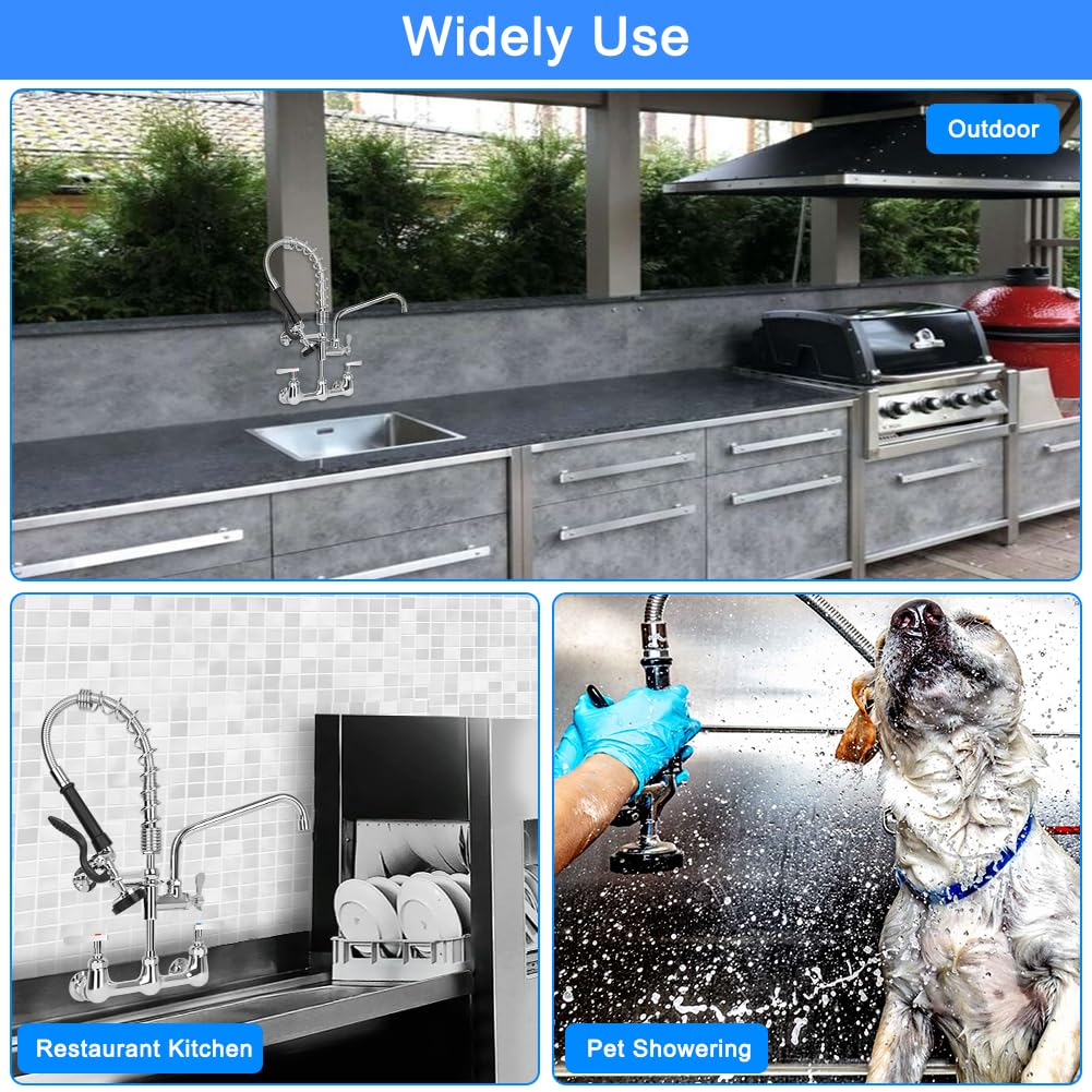 Tnroted 8 Inch Center Commercial Faucet With Sprayer 20" Height Wall Mount Commercial Kitchen Faucet With 8” Swing Spout For 1/2 Compartment Sink/Home Kitchen/Restaurant Sink