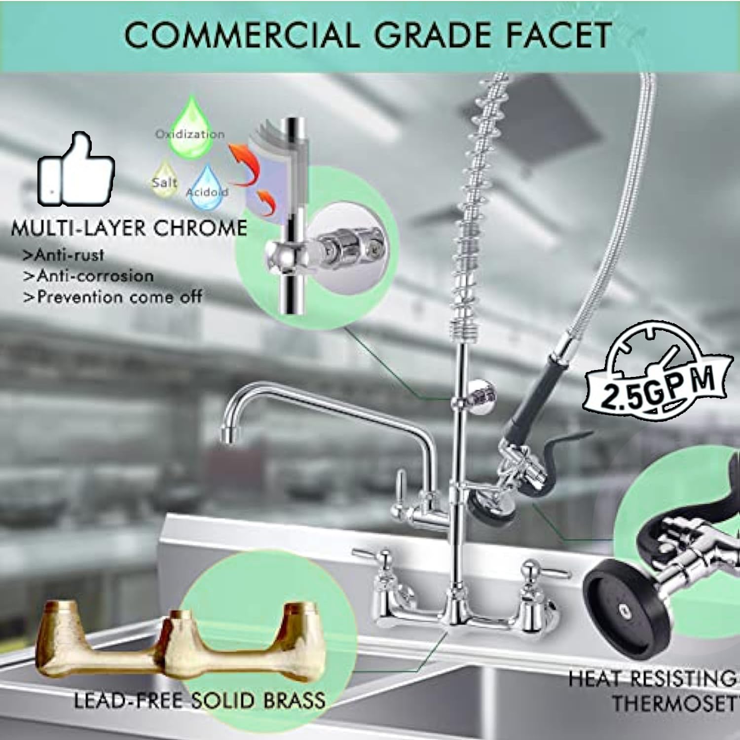 Golrean Commercial Sink Faucet With Pre Rinse Sprayer, Wall Mount Kitchen Faucet For 3 Compartment Sink, 36" Height, 8 Inch Restaurant Commercial Faucet With 12’’ Spout, Brass, Industrial