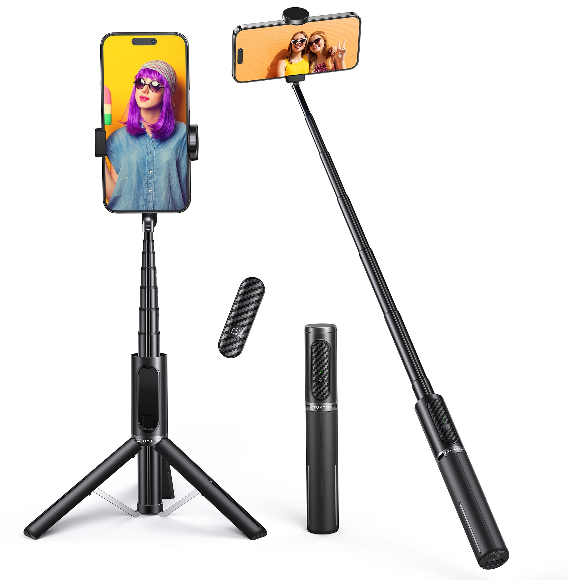 Atumtek Selfie Stick Tripod, Extendable 3 In 1 Aluminum Bluetooth Selfie Stick With Wireless Remote And Tripod Stand For Iphone 16/15/14/13/12/11 Pro Max/Xs Max/Xs/Xr/X/8/7, Samsung Smartphones Black