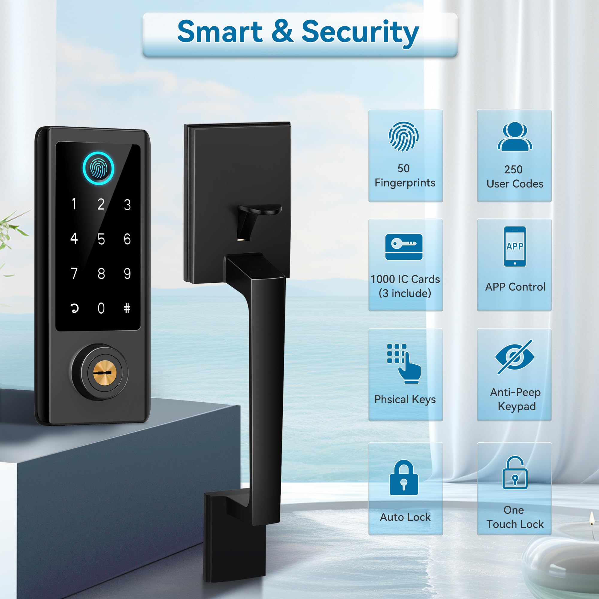 Bebasia Fingerprint Door Lock With Handle Sets, Keyless Entry Door Lock, Bluetooth Front Handle Set, Smart Deadbolt, Electronic Keypad Digital Lock With Handle, Black