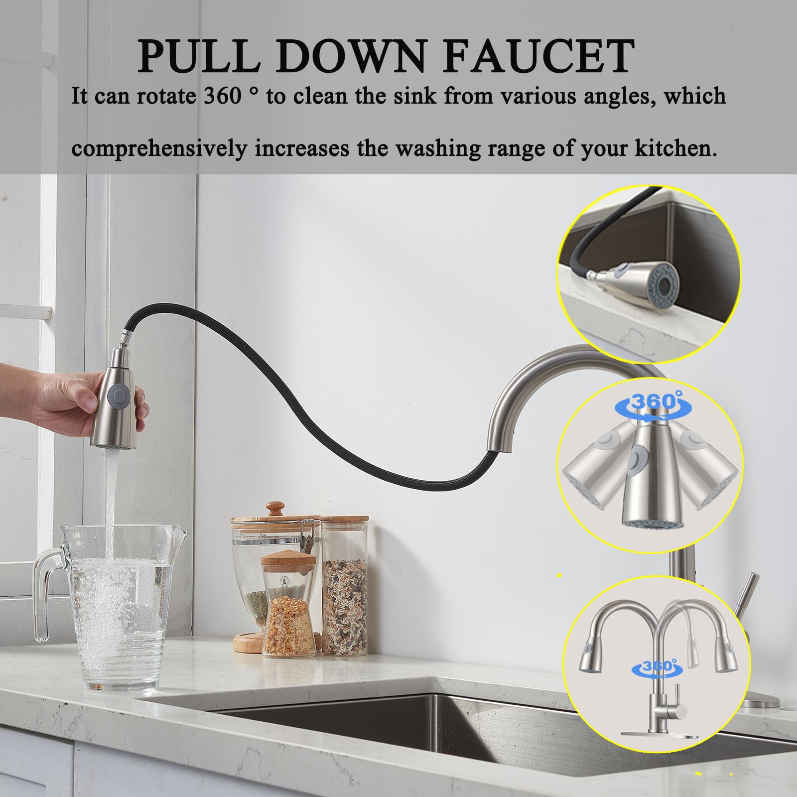 Shaco Kitchen Faucet With Pull Down Sprayer, Single Handle High Arc Stainless Steel Kitchen Sink Faucet For Farmhouse Camper Bar Laundry Rv, Brushed Nickel