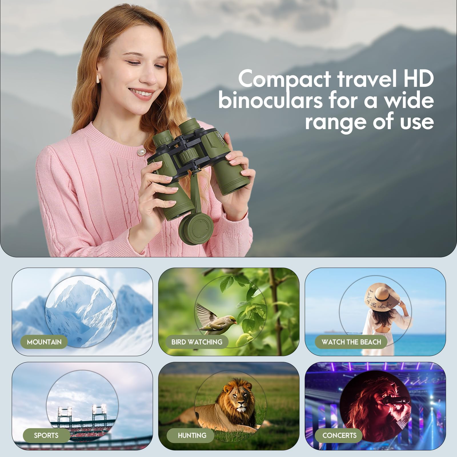 Upcheirna 20X50 High Zoom Adult Binoculars High Power With Phone Adapter, Low Light Night Vision, Lightweight & Portable For Bird Watching, Hunting, Stargazing(Green)