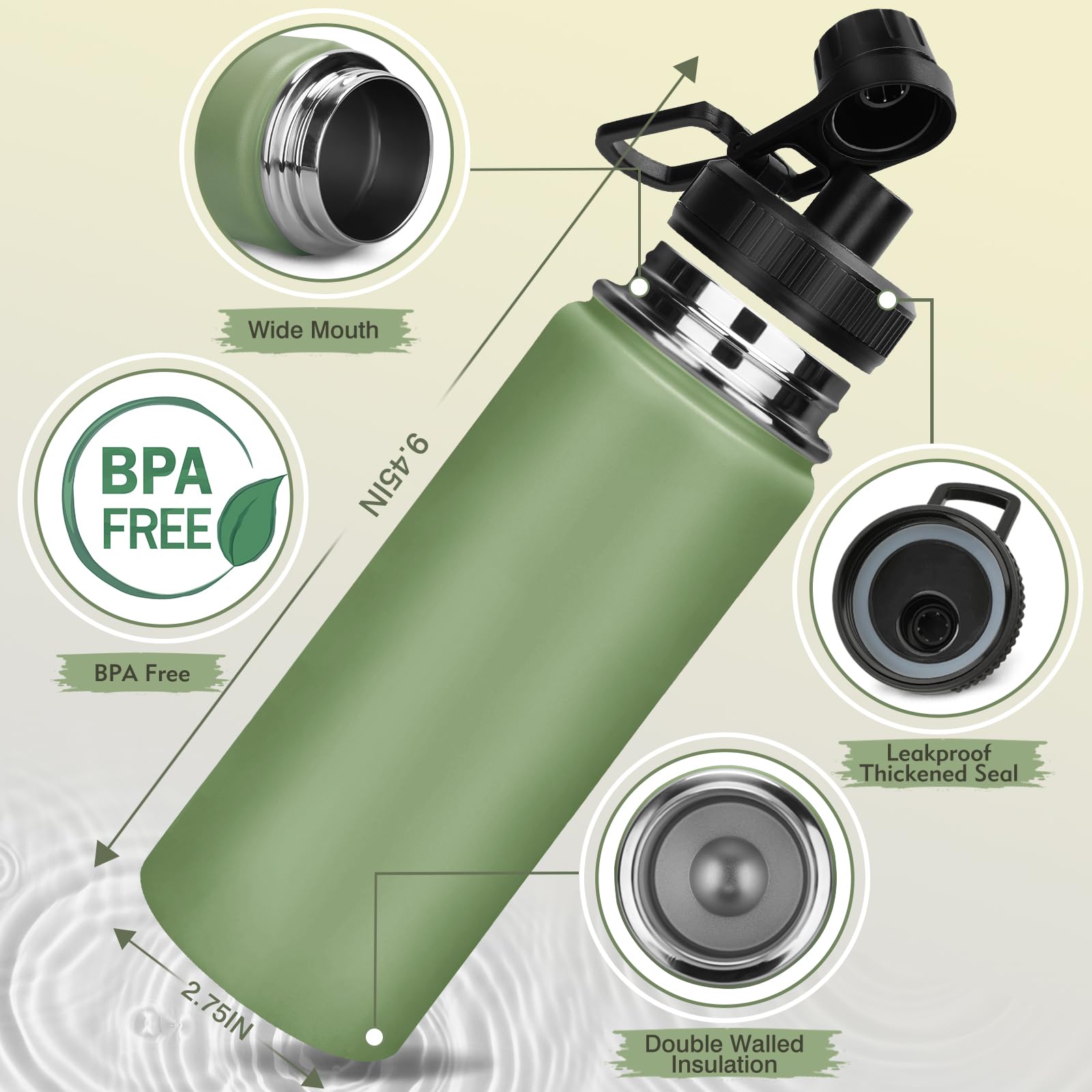 18 Oz Stainless Steel Water Bottles With Spout Lid Insulated Water Bottle Double Wall Vacuum Wide