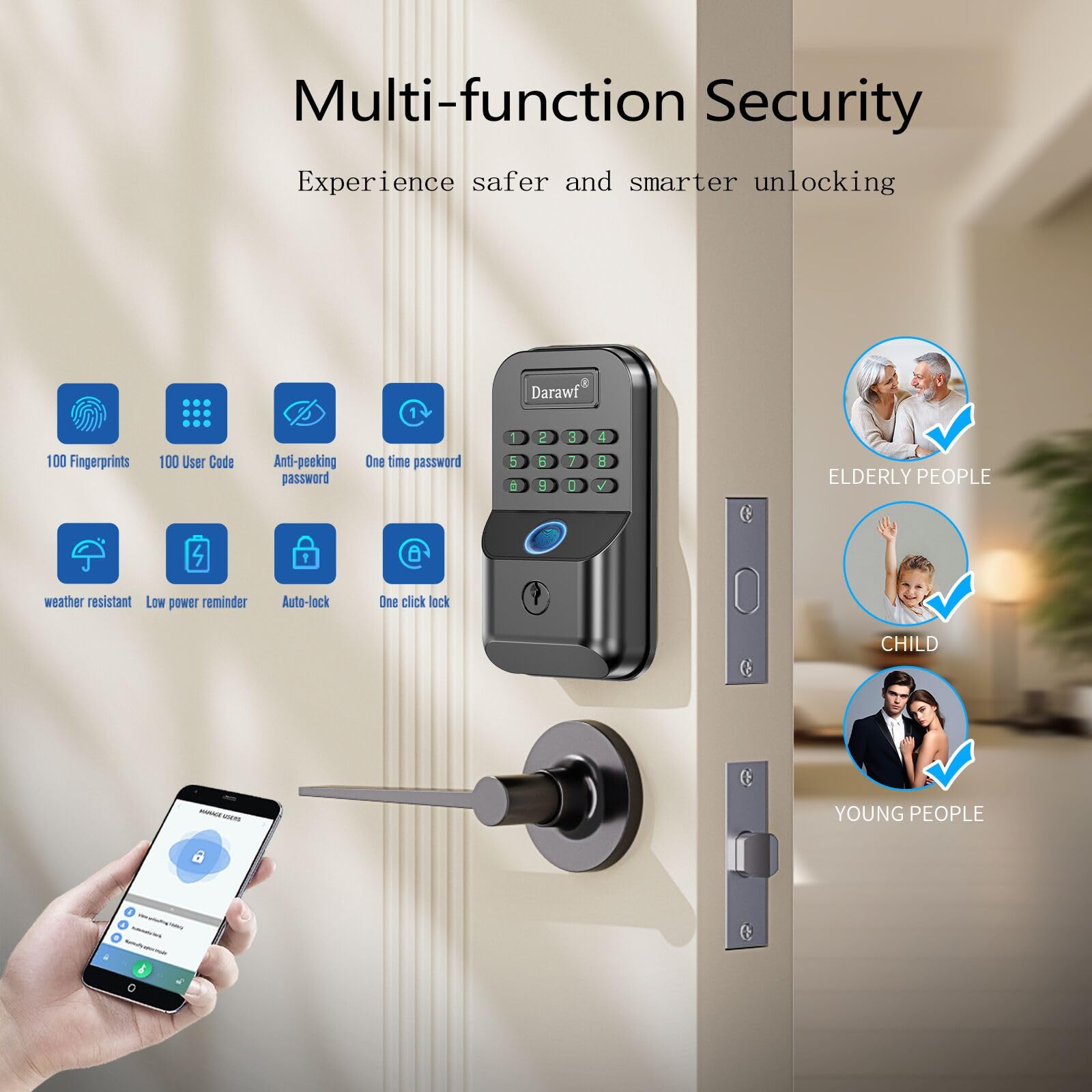 Darawf Fingerprint Door Lock With 2 Lever Handles - Keyless Entry Smart Deadbolt,Electronic Keypad Lock With Auto Lock,Bluetooth,App Control,Digital Code,Password,Key,Front Door Handle Set,Easy Installation