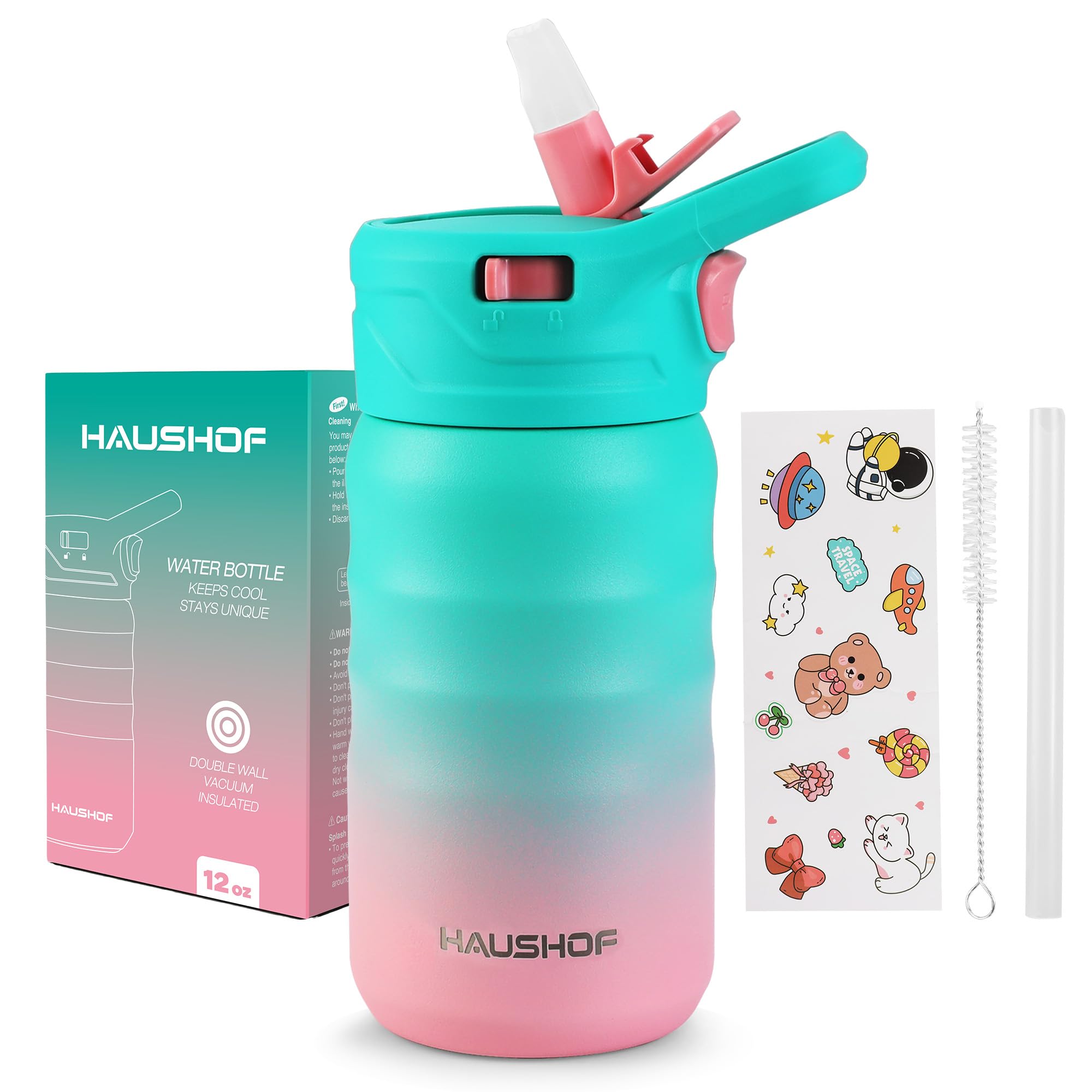 Haushof Kids Water Bottle 12 Oz- With Straw And Stickers, Stainless Steel Vacuum