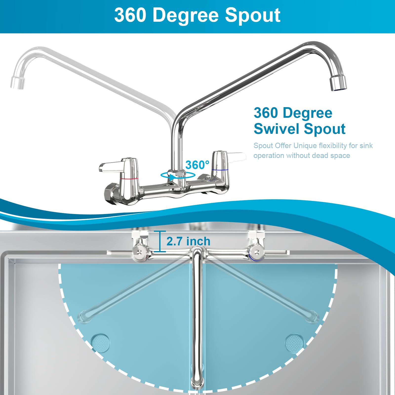 Bestjeef Wall Mount Faucet For Kitchen Sink: 8 Inch Center Commercial Faucet With 14" Swivel Spout - Ideal For Industrial Restaurant 3 Compartment Sinks