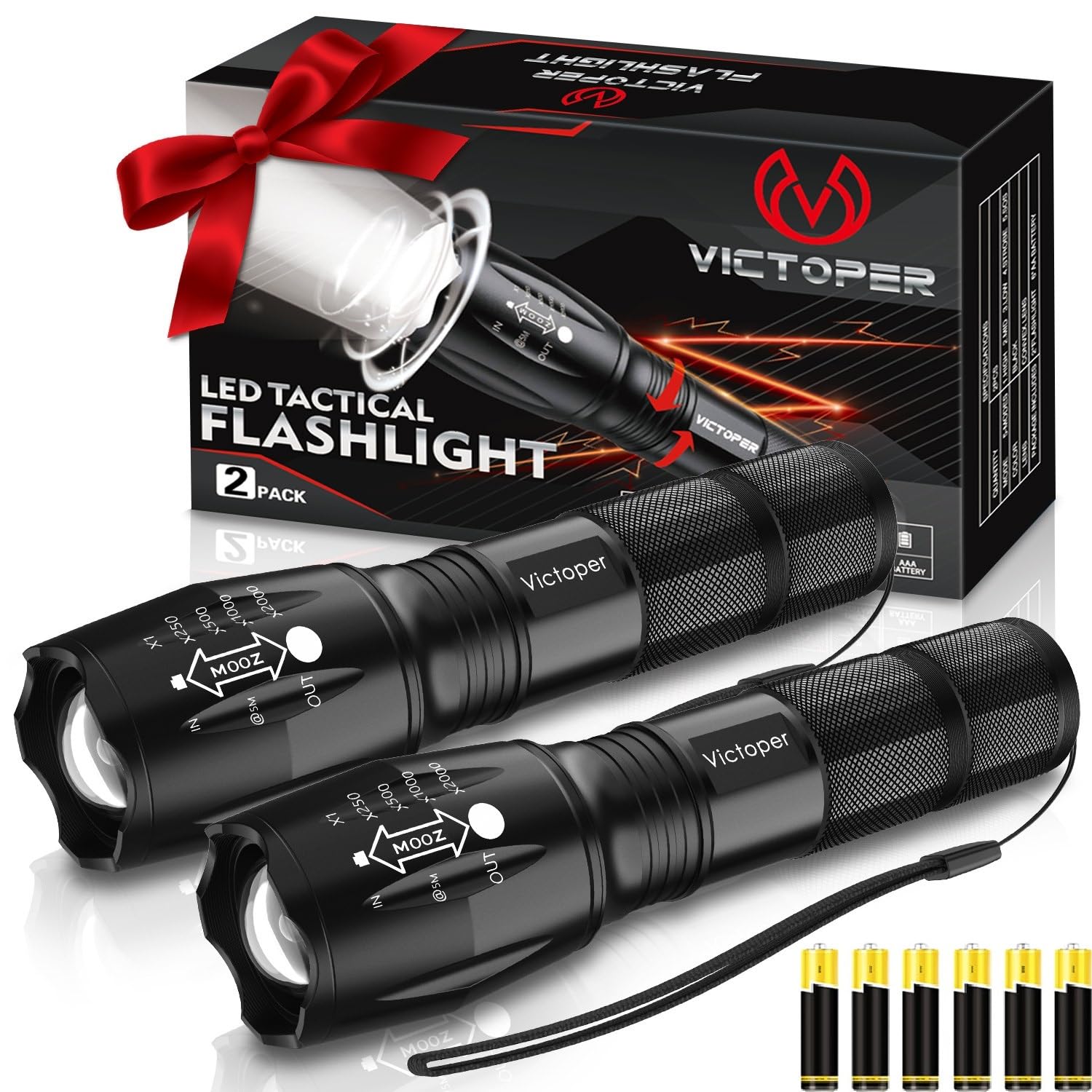 Victoper Led Flashlight 2 Pack, Bright Utility Torch High Lumens With 5 Modes, Waterproof Zoomable Flash Light For Outdoor, For Camping Essentials Gear